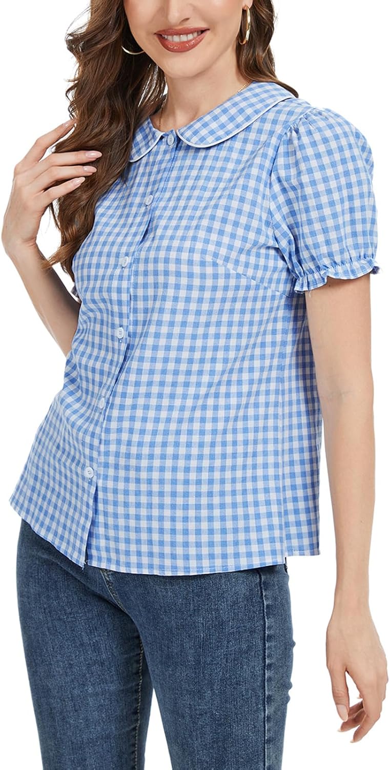 MINTLIMIT Women's Gingham Blouse 2025 Plaid Top Short Sleeve Button Down Peter Pan Collar Shirt - Image 5