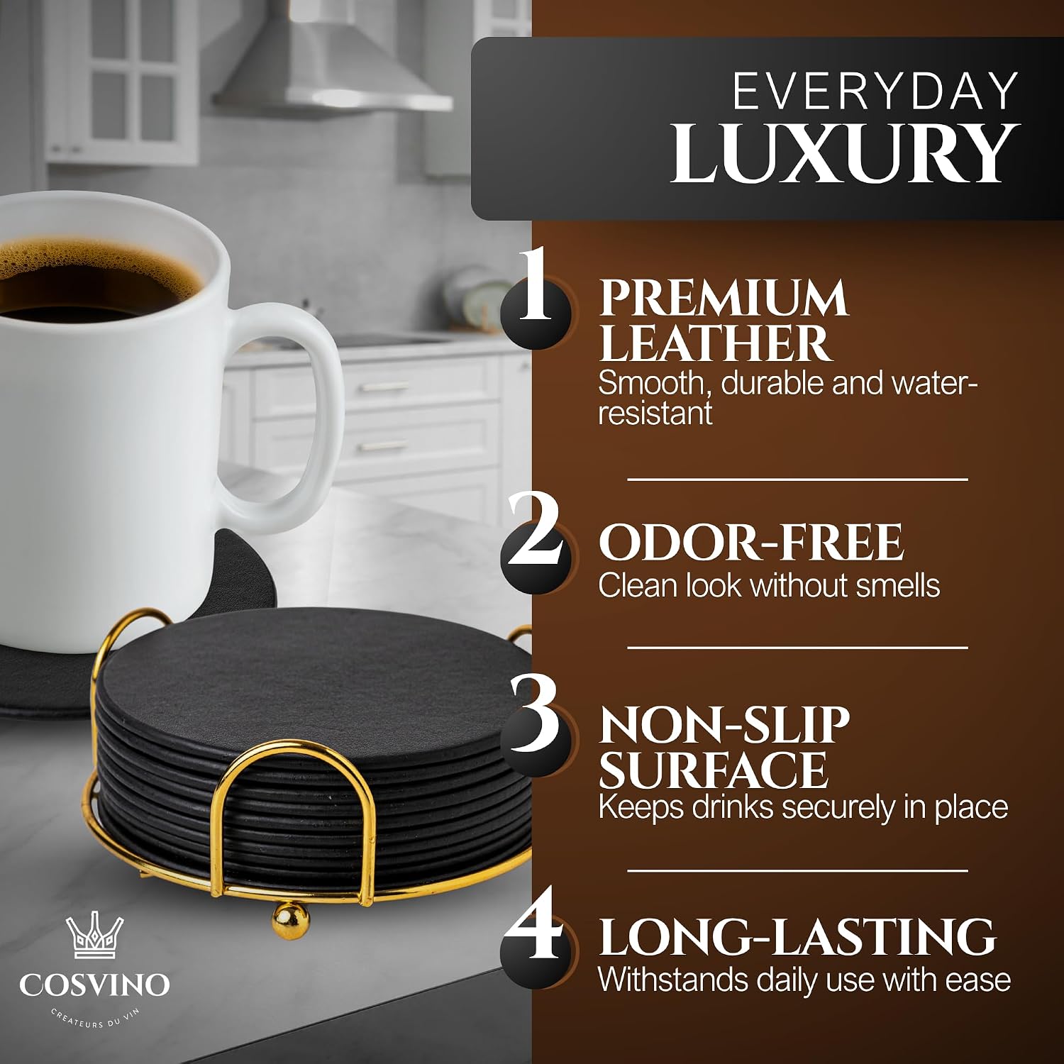 Premium Coasters Set of 10 Round Coasters - Gold Metal Holder - Italian Design - Tuxedo Black