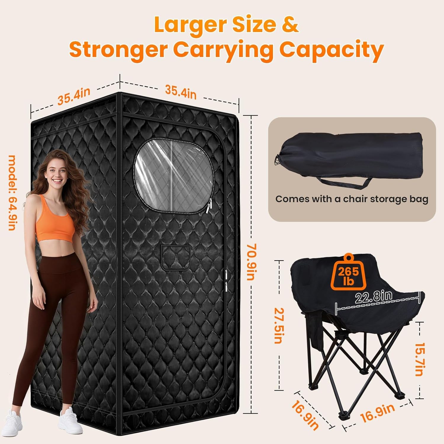 portable sauna for home, upgraded personal steam sauna box with 3l 1300w steamer, folding chair, extra large size foldable home sauna 3’x 3’x 5.9’, full body sauna tent for relaxation spa, black 1 person sauna/71”x 35”x 35” black