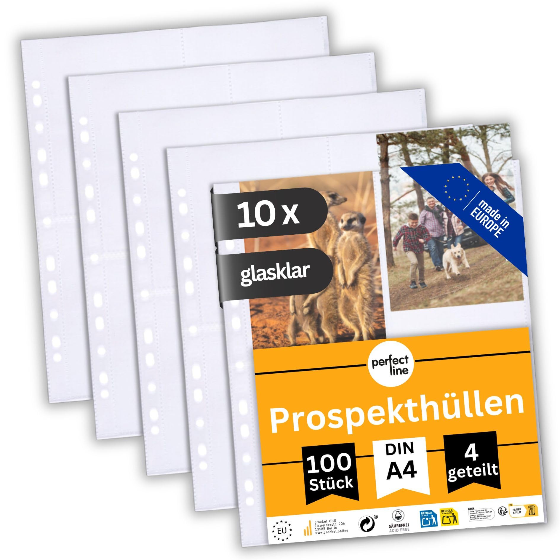perfect line 1.000 buste formato DIN A4, 4 pezzi, per foto, trasparenti, trasparenti, 90 my Stark, resistenti ai documenti (10 x 100 (1.000 pezzi)