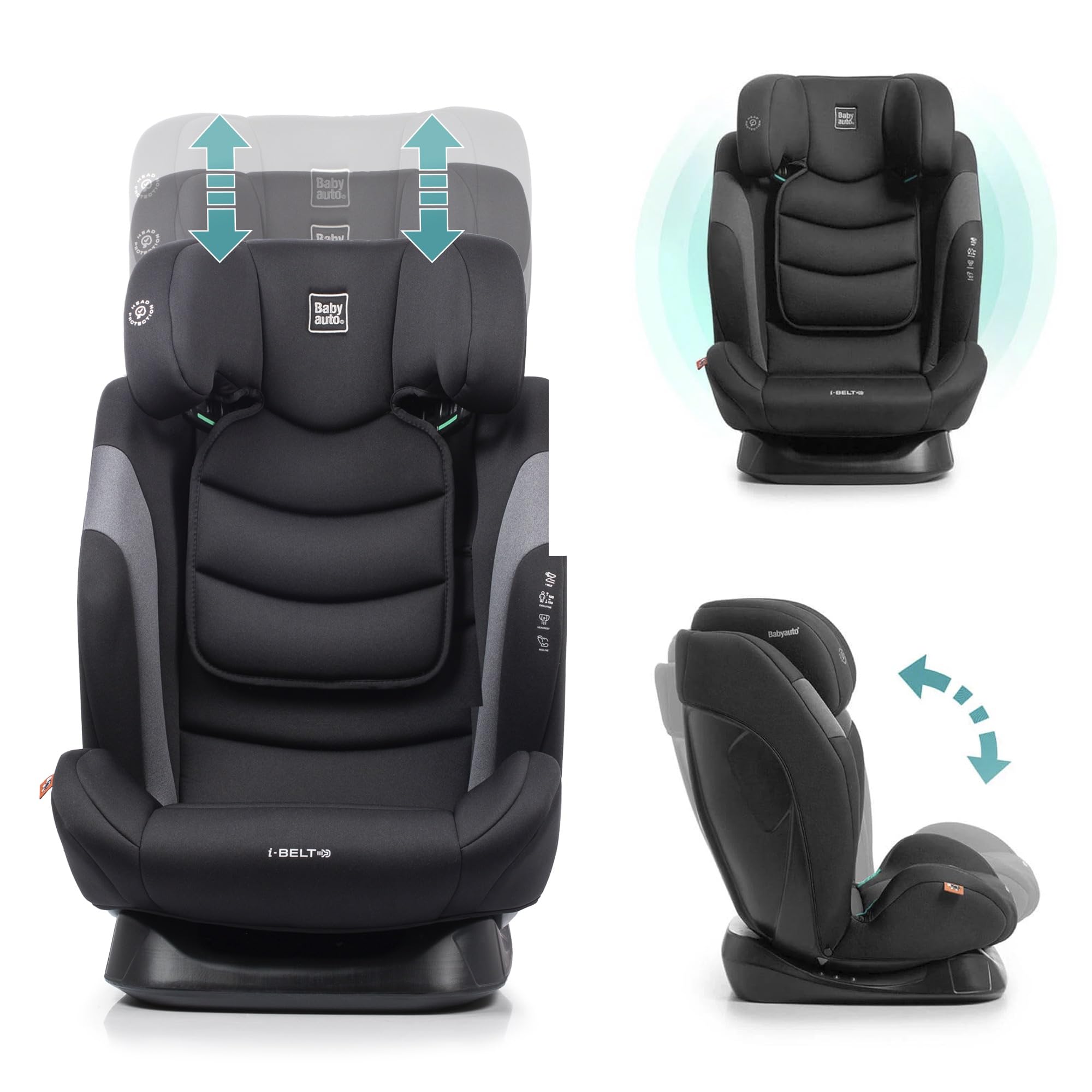 BABYAUTO – Silla de Coche Sokoa iBelt i-Size (3,5-12 Años, 100-150 cm, 15-36 kg) – Sin ISOFIX – Cinturón del Vehículo – Elevador con Respaldo – 3 Posiciones de Reclinado – Protección Lateral – Negro