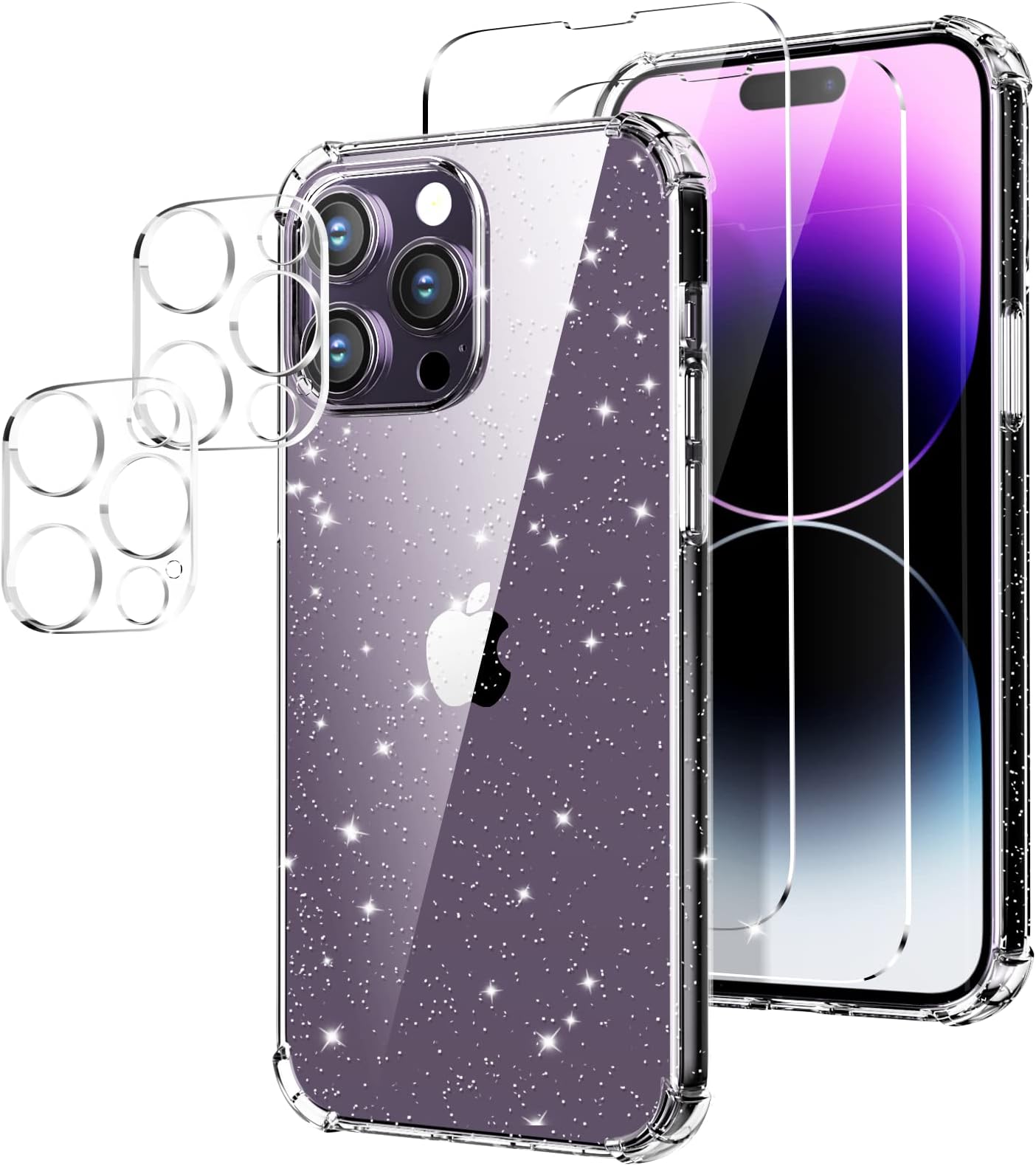 Oududianzi-Case Compatible with iPhone 14 Pro Glitter, [2x Tempered Glass Screen Protector+2x Camera Protector] Crystal Clear Transparent Case Ultra-thin Shockproof Silicone TPU Protective Cover