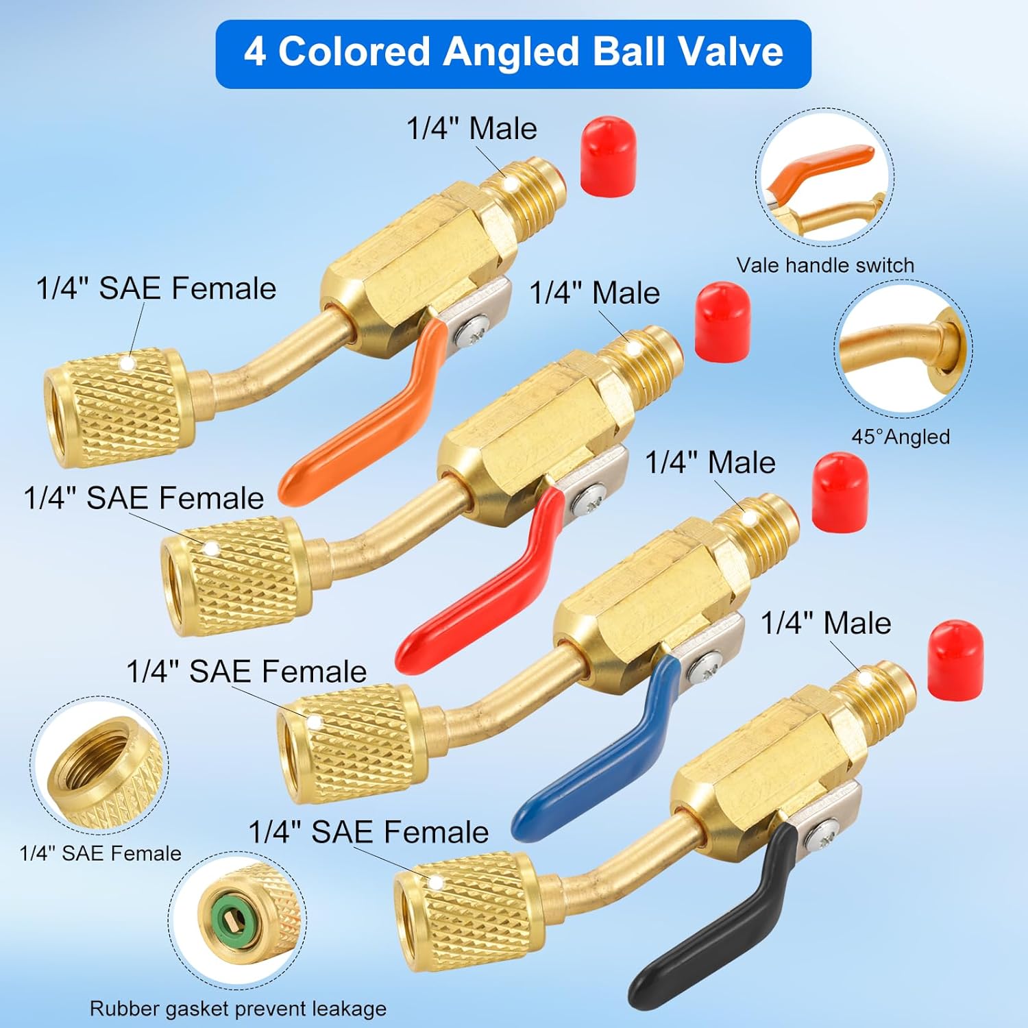 AC Refrigerant Angled Compact Ball Valve Set, 10pcs Air Conditioning Refrigerant Ball Valve 1/4 with R410A Mini Split Adapters 5/16" Female to 1/4" Male, Low Loss Fittings HVAC Tools