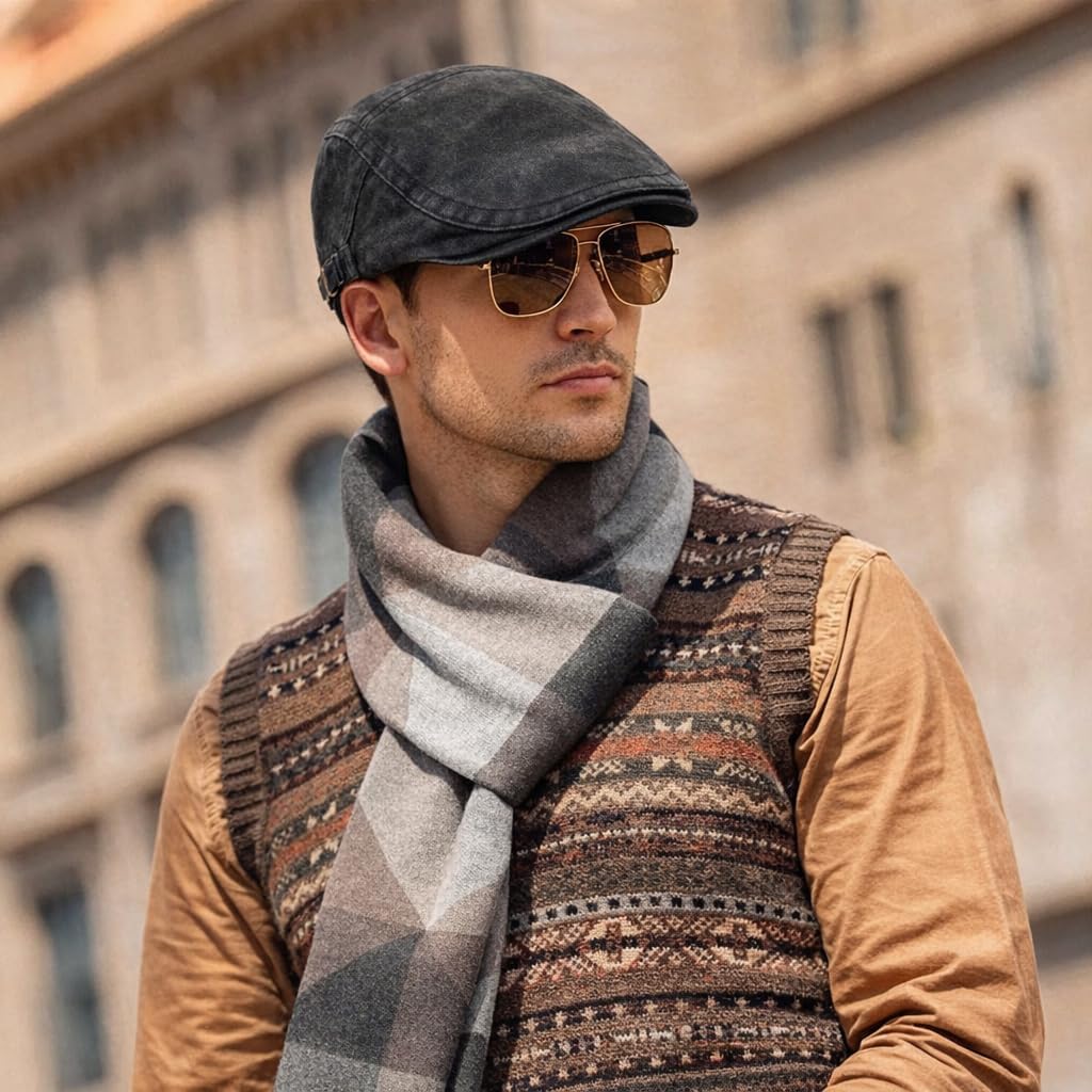 Initlove Mens Newsboy Cap Washed Beret Ivy Hat Flat Hats for Cabbie Driving