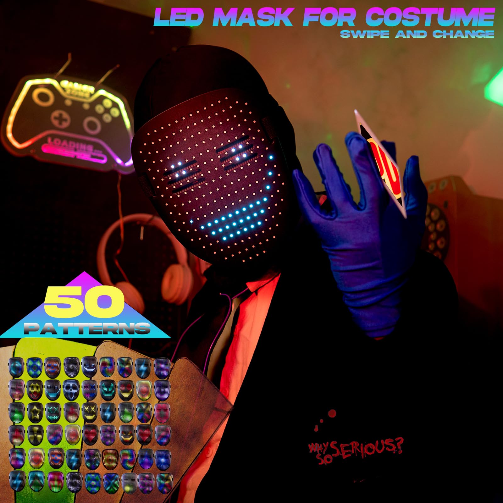 Foggizo LED Mask Halloween, LED Mask for Kids/Adults, 50 Faces Transforming with Gesture Sensing, Gag Gift for Kids
