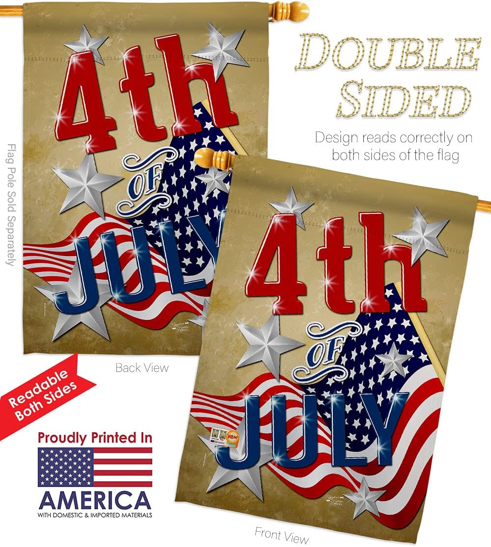 4th of July House Flag Dowel Set Americana Fourth Independence Day Fireworks BBQ United State American Small Decorative Gift Yard Banner Double-Sided Made In USA 28 X 40