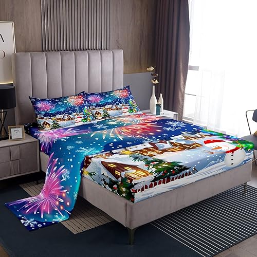 Vista 60 de Erosebridal Sábanas de muñeco de nieve tamaño matrimonial, juego de sábanas de esquí kawaii para árbol de Navidad, sábana bajera ajustable