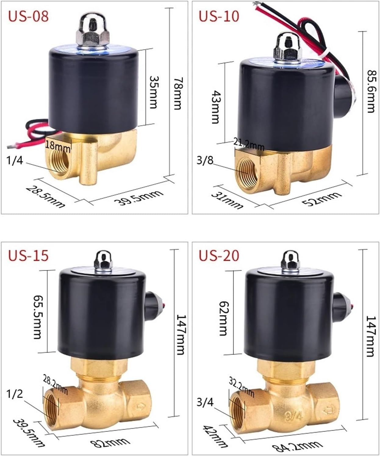 Zone Valve Solenoid Valve，Steam High Temperature Resistant All Copper Coil Brass Body US-08/10 AC220V DC24V 1/4" 3/8"(US-08 DC24V)(US 10 DC24V)