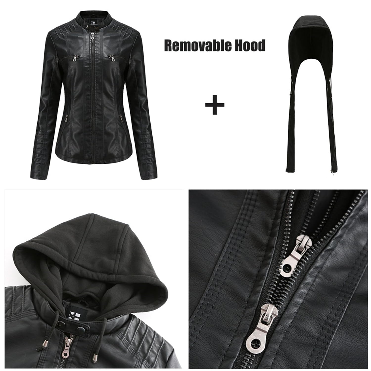 Générique Manteau matelassé entièrement zippé avec capuche amovible pour femmes en similicuir Casual MOTO BIKE jacket