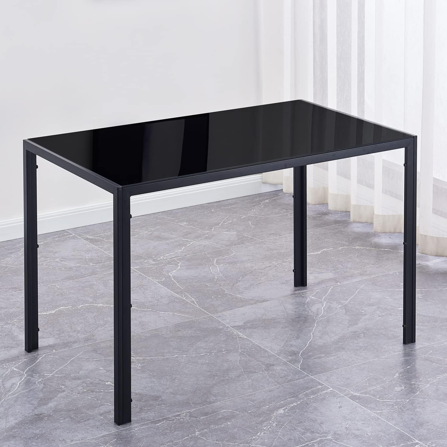 Rectangular Glass Dining Table with Tempered Glass Top and Metal Leg