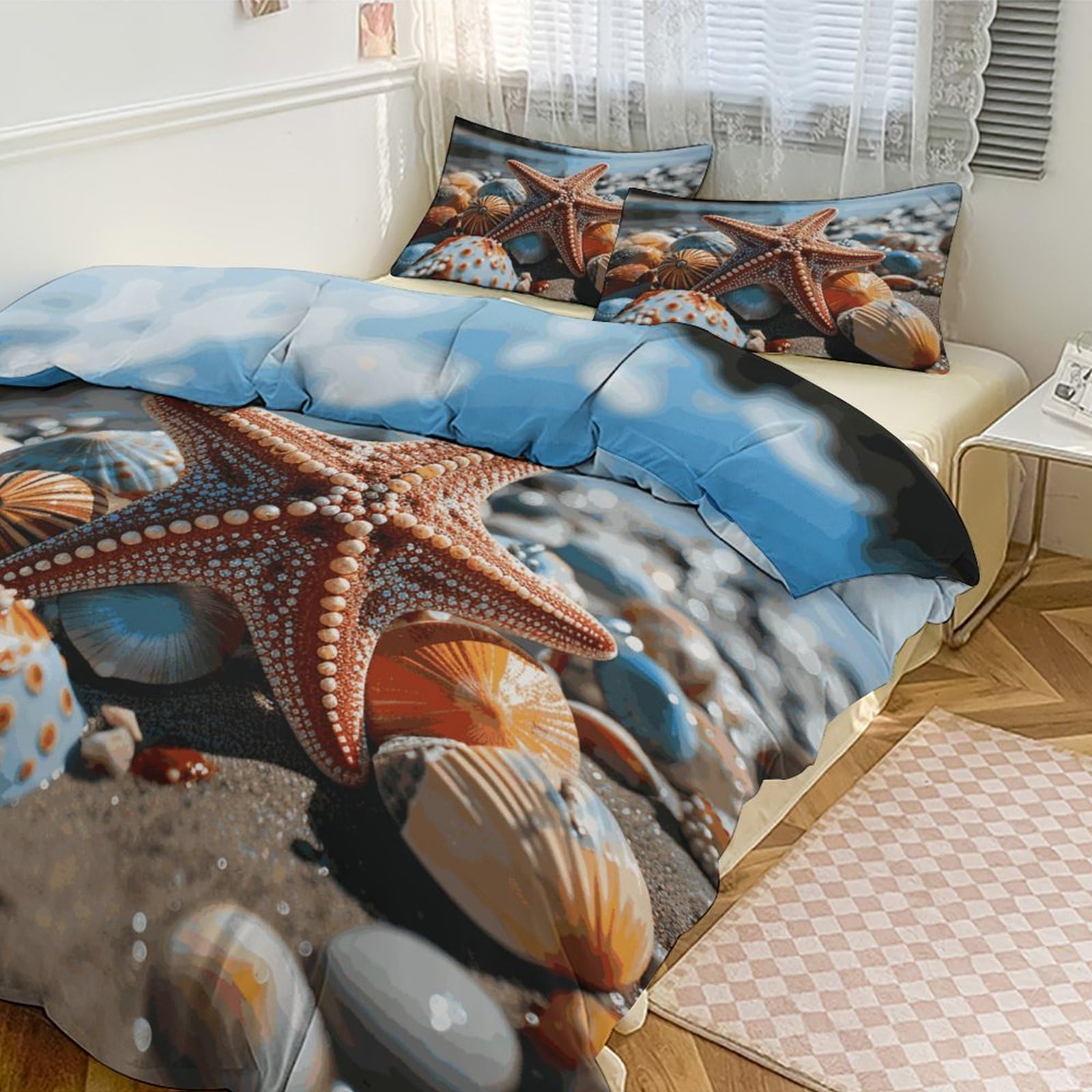 Parure de lit 3 pièces grand lit motif étoiles de mer colorées avec couvre-lit épais