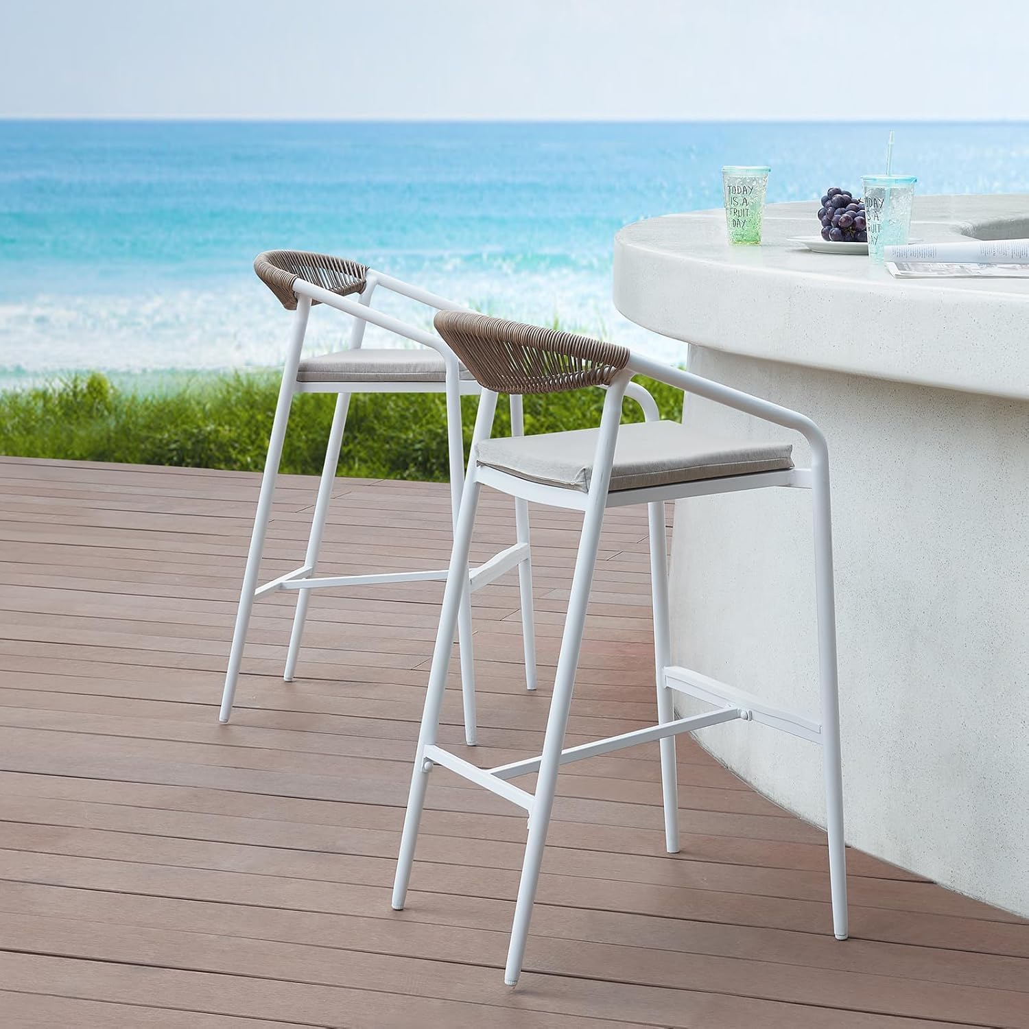 Outdoor Bar Stools Set (2-Piece),Aluminum Frame with Rattan-Woven backrest Padded Modern bar stools Ideal for Patio, Balcony, Poolside, and Outdoor Decor Bar stools (White)