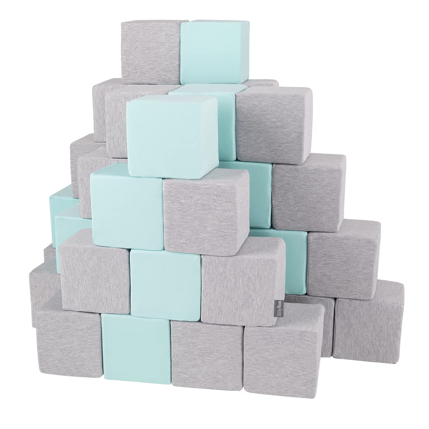 KiddyMoon Soft Foam Building Blocks For Babies & Toddlers, Washable Cotton Zip Cover, 14Cm Cubes, Sensory Toy, 48 Pieces, Cubes:Light Grey-Mint