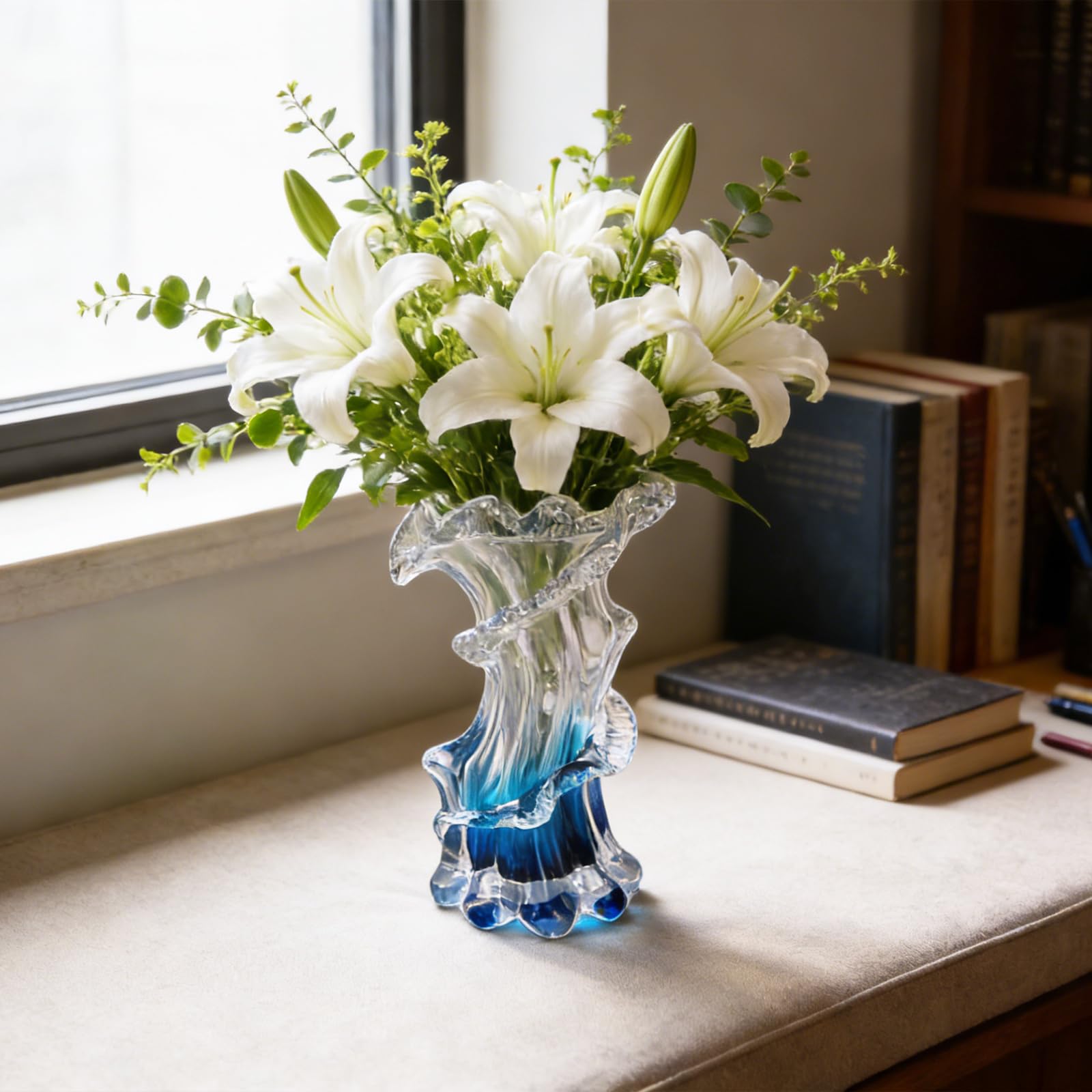 Jarrón único de vidrio azul soplado a mano, jarrón artístico de flores azul degradado para decoración del hogar, centros de mesa y estante de oficina