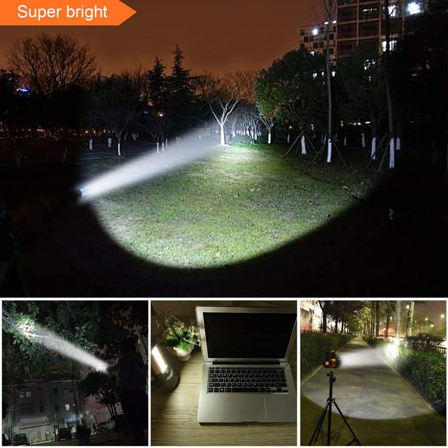 Flashlight beam illuminating a dark outdoor area at long distance