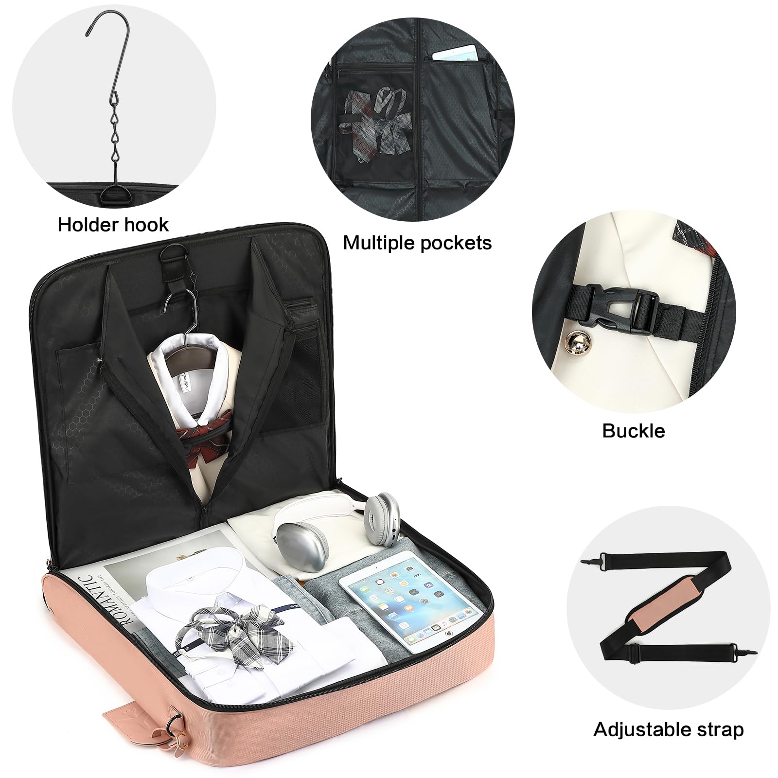Sac à Costumes pour Femmes Housse à Vêtements de Voyage Hanging Garment Bag avec Sangles et Compartiment pour Ordinateur Portable de 15,6 Pouces, Idéal pour Les Voyages d'affaires, Rose