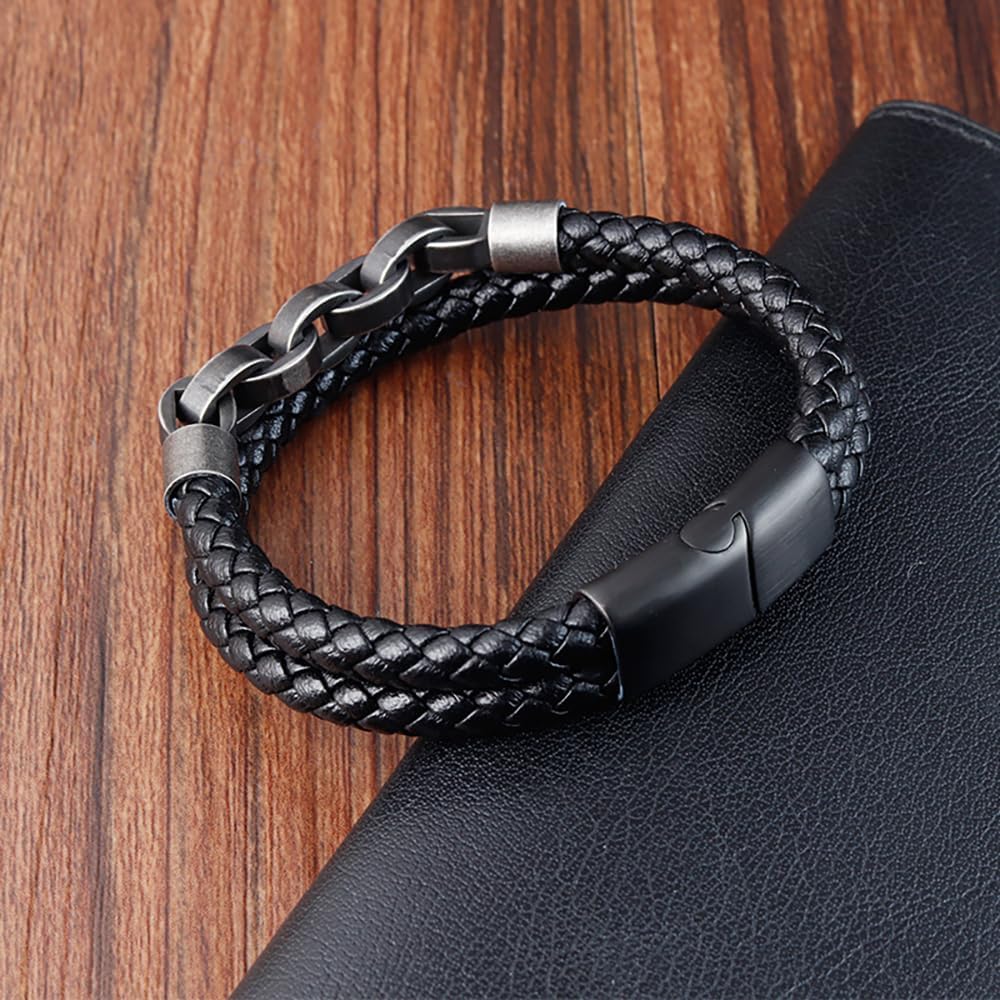 Mens Leather Bracelet Multilayer Braided Wristband Bangle Stainless Steel Link Chain Bracelet Jewelry for Him