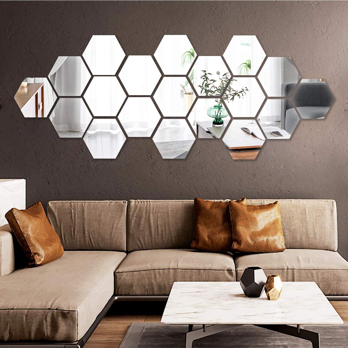 Hexagon Mirror Wall Stickers, 36Pcs Acrylic Plastic Mirror Tiles, Large Size Art Decoration DIY Mirror Sheet Mirror Setting Wall Sticker Decal Murals for Home Office Bedroom Background Gym Decor