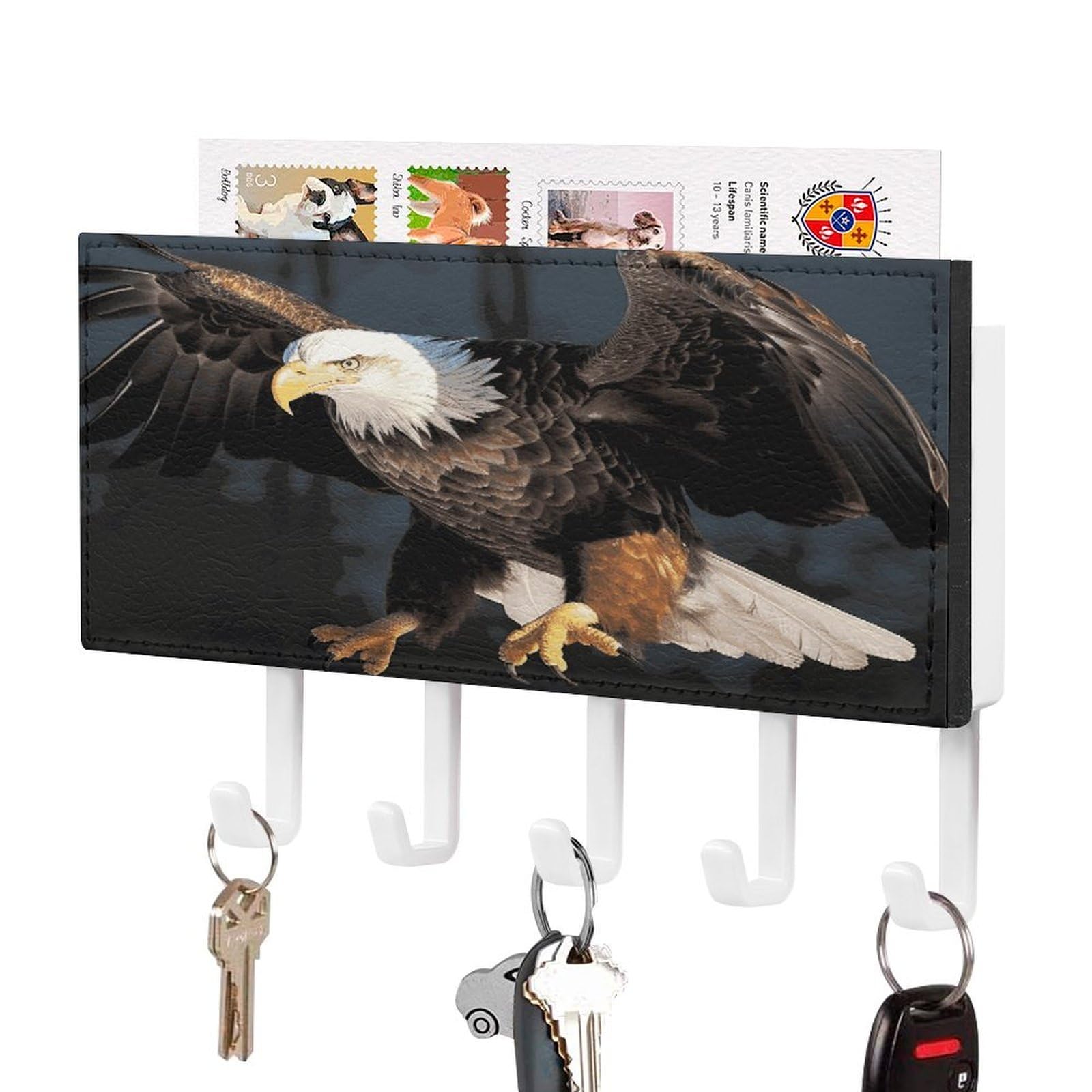 Vstadank White-Style 3D Bald Eagle Key Holder For Wall Mount With 5 Hooks Decorative Key And Mail Holder Farmhouse Wall Hooks With Shelf Pu Leather Key Rack With Mail Holders For Entryway Home