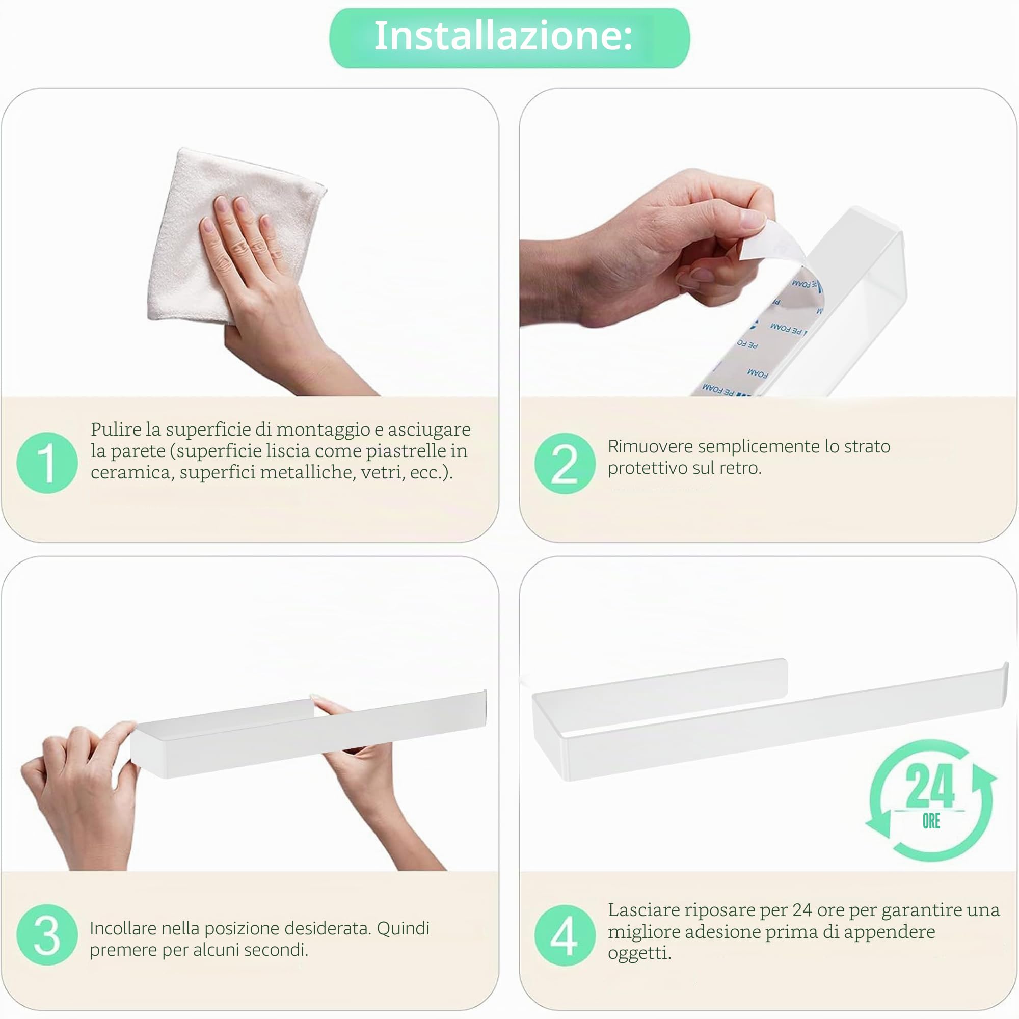 Aikzik Portasciugamani senza foratura, in alluminio, completamente in metallo, da incollare, per bagno e cucina, bianco (32 cm)