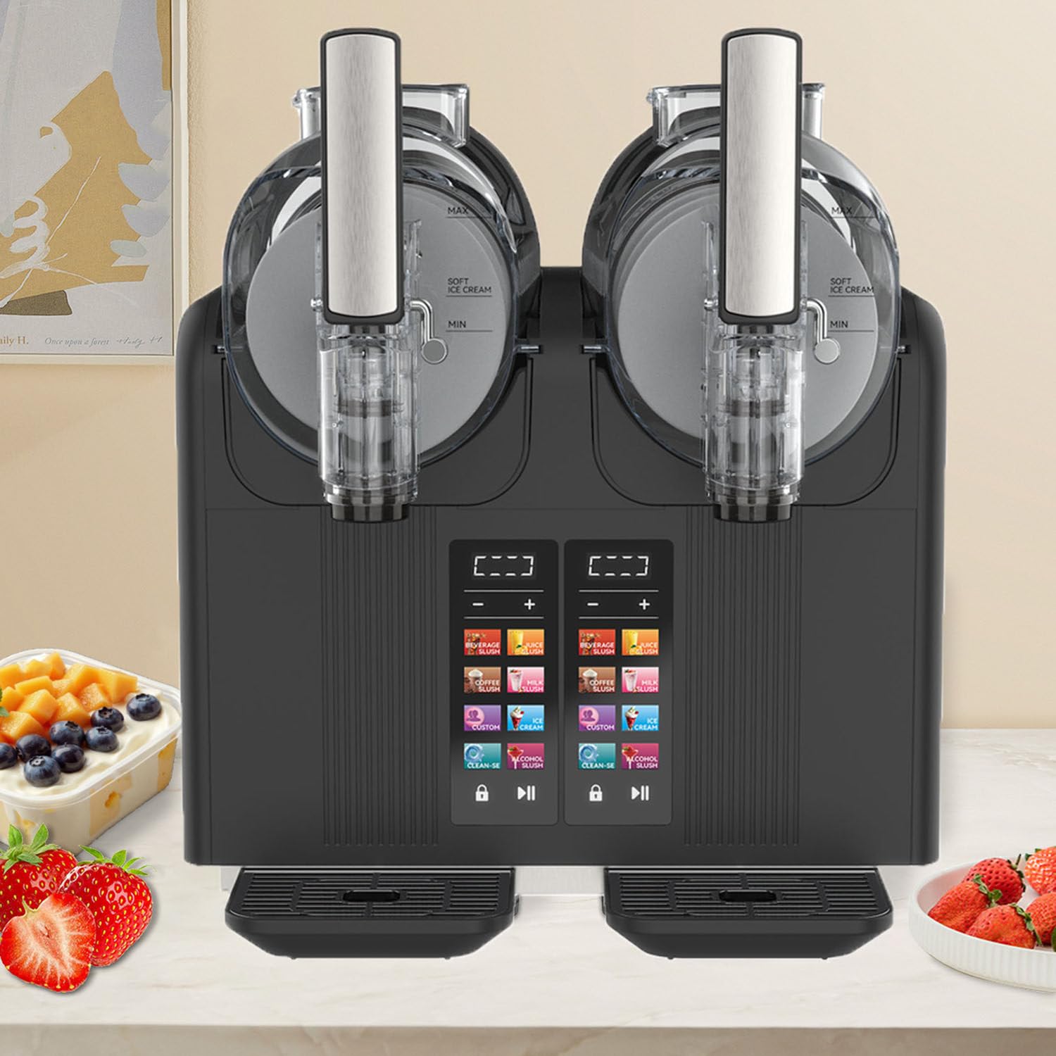 GTANND Twin-Cylinder Touchscreen Smoothie Maker,Slushie Maker Machine,7 Presets,Quiet,Auto-Clean,Adjustable Temperature And Hardness，Soft Ice Cream, Smoothies, And Iced Drinks Black