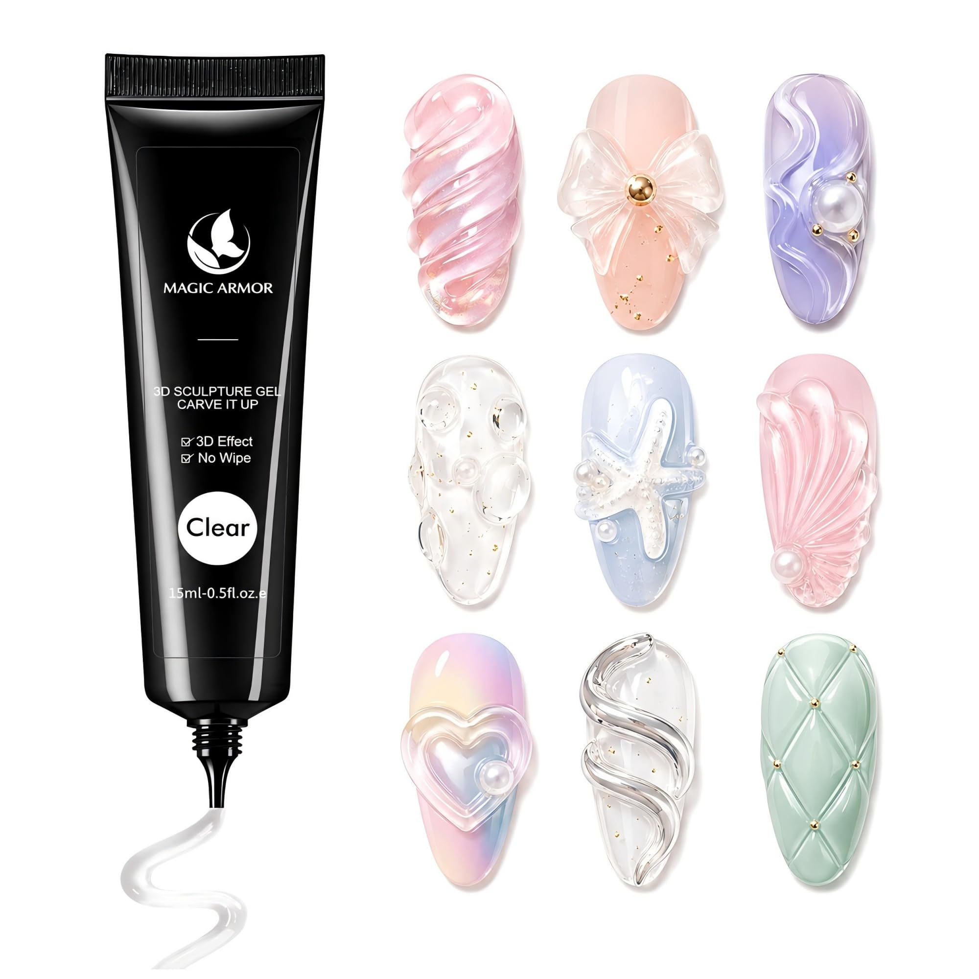 MAGIC ARMOR Żel do paznokci 3D – 15 g, żel budujący, przezroczysty, wielofunkcyjny, klej strasu, do 3D Nail Art Carving 3D Nail Sculpting Gel DIY do projektowania paznokci, rzeźbienia paznokci w domu