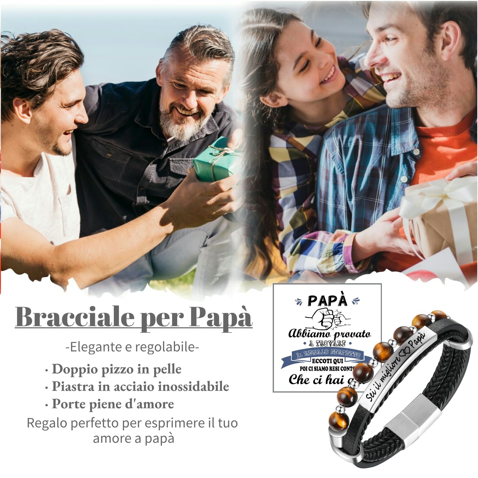 Jbniuay Regalo festa del papà Regalo Papà Bracciale Uomo DAD - Braccialetto uomo in Pelle con incisione “Il Miglior Papà” - Idee Regalo Papà Festa del Papà