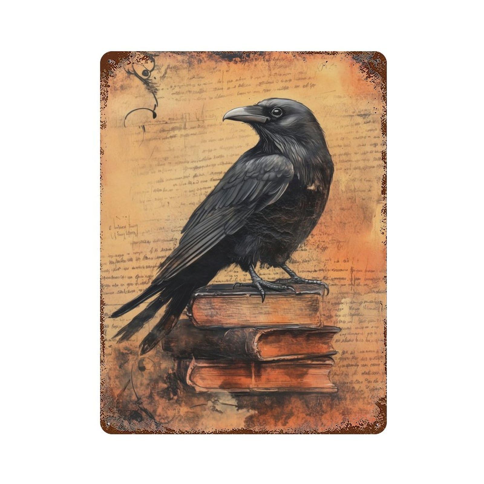 Raven On Old Vintage Books Decorative Tin Sign 15.7"x11.8", Ideal for Garage, Bar And Workshop Decor