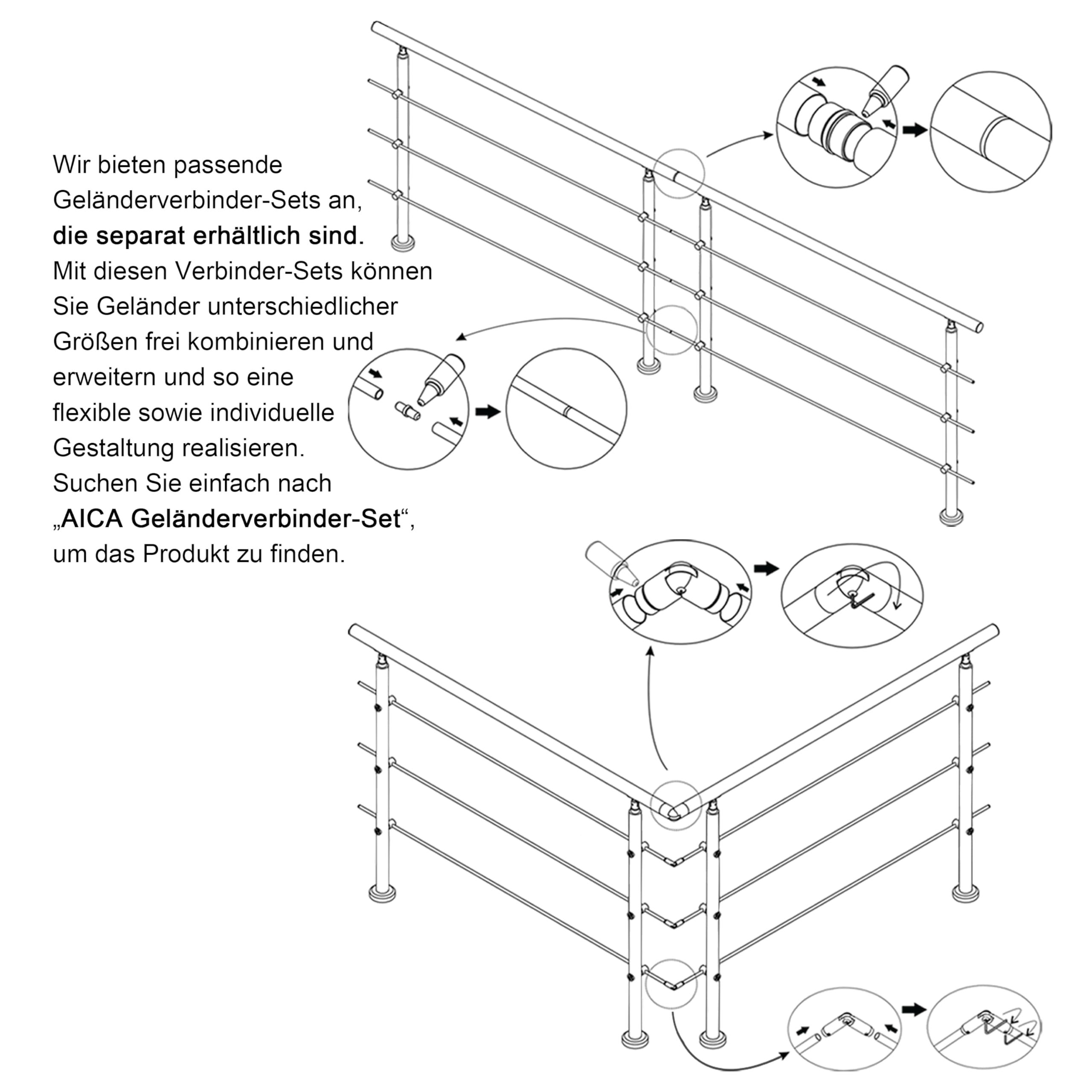Aica Edelstahl Geländer Aussen Handlauf Treppengeländer 200cm 3 Querstreben