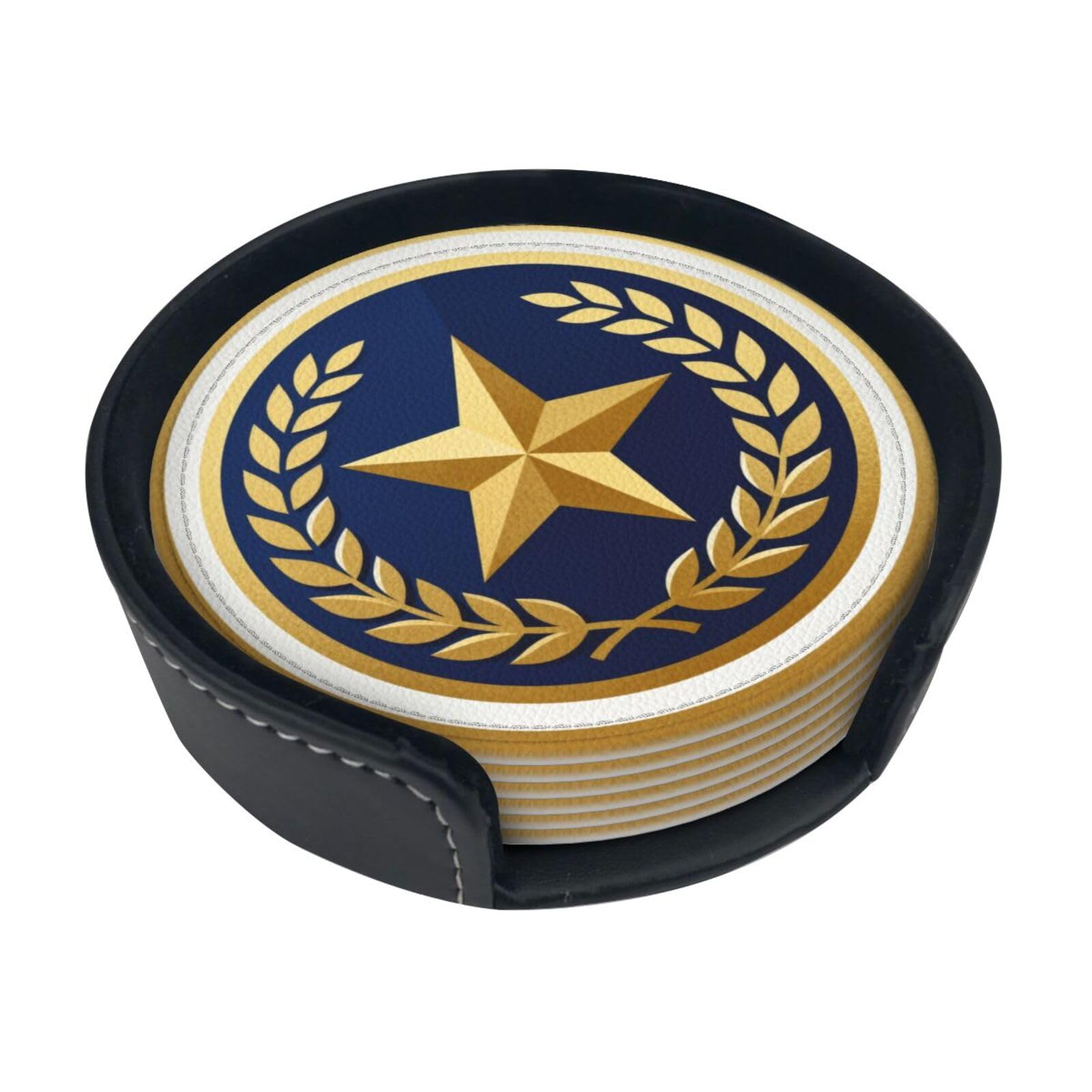 Cntdbu White Captain Armband Badge Leather Coasters Set Of 6-Pu Leather Drink Mats For Table, Heat Resistant Round Coasters With Holder