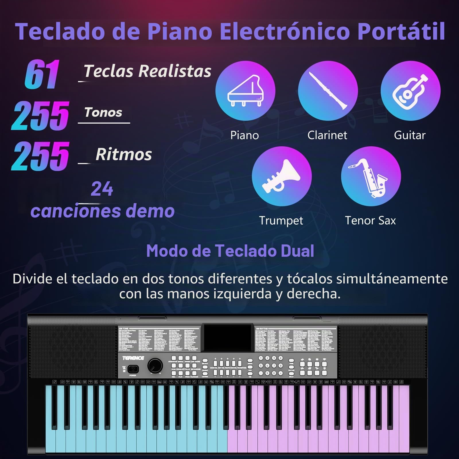 TERENCE Piano Digital 61 Teclas Altavoces HiFi Duales Piano Electrico con 51 Botones de Función en el panel Pantalla LED Teclado Dual 2 Opciones de Alimentación Soporte para Auriculares y Micrófono