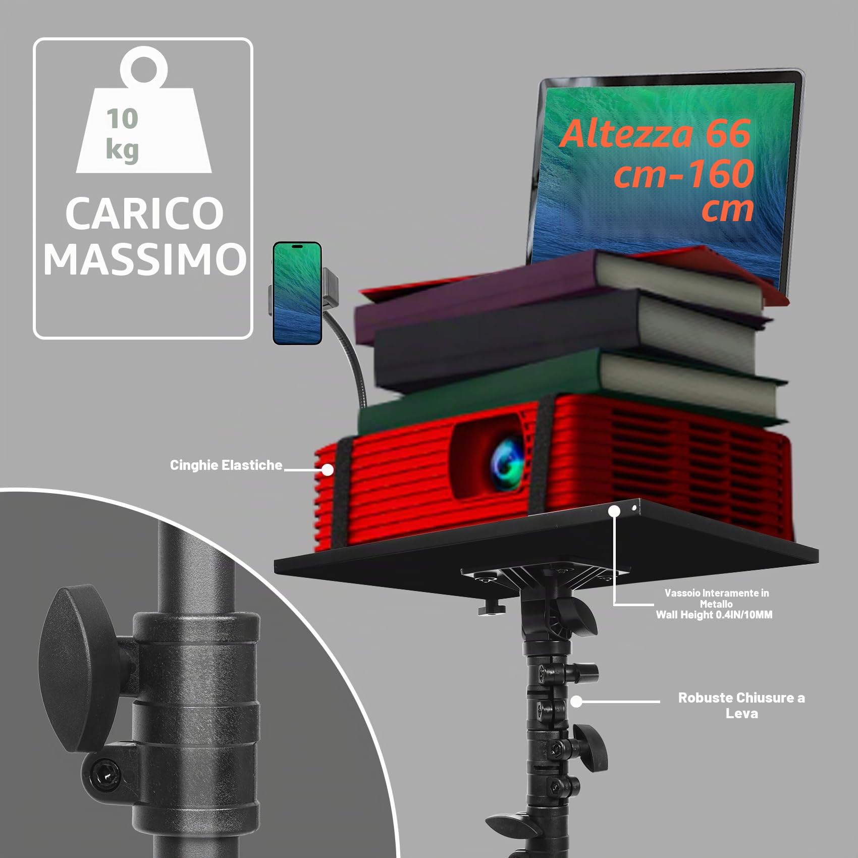 GlobalCrown Supporto Proiettore da Terra Regolabile in altezza (66-160 cm),Treppiede per Proiettore portatile Laptop con Vassoio per mouse e supporto per Telefono,Treppiede rotante con ruote