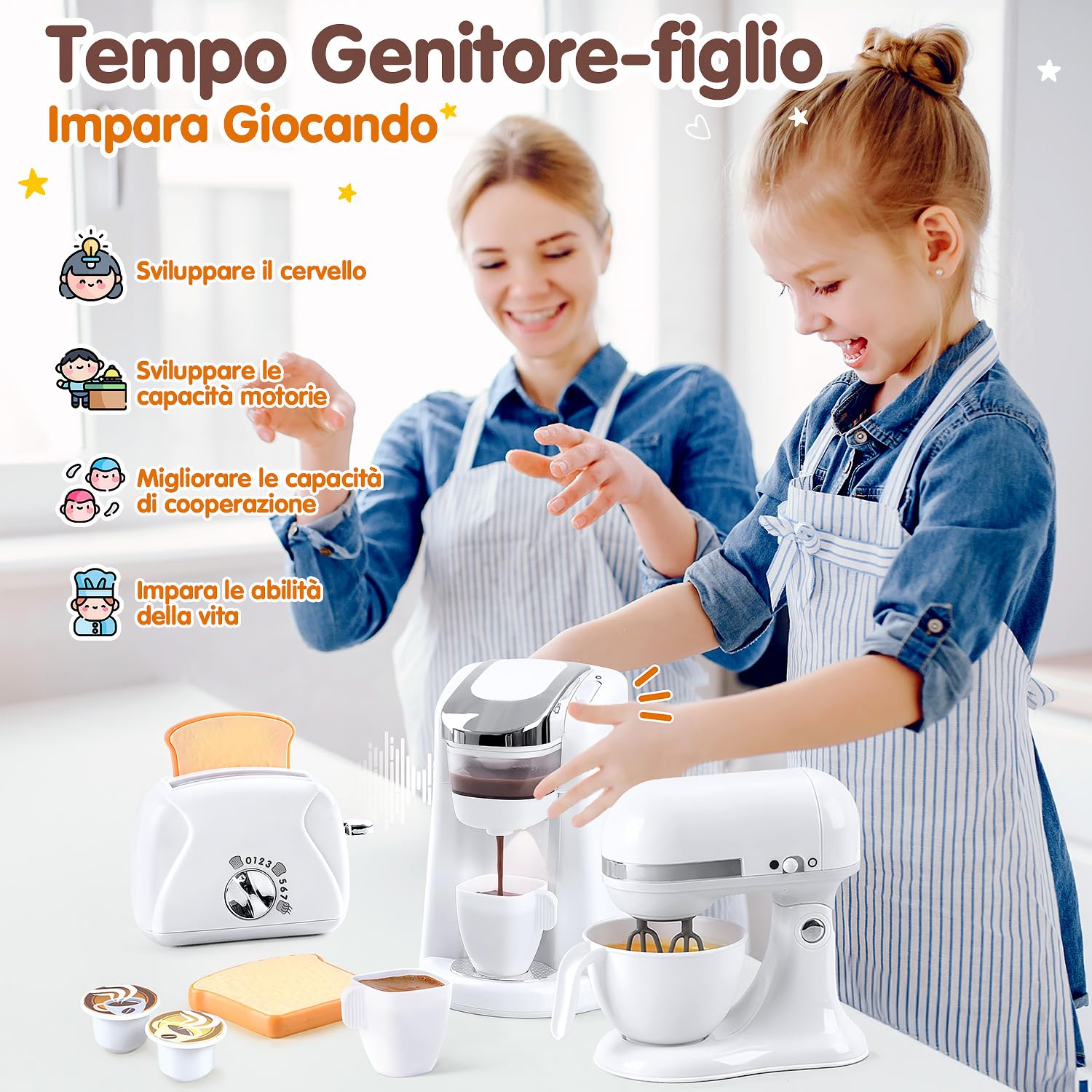 PLAY Cucina Giocattolo per Bambini con Macchina Caffè, Mixer, Tostapane con Luci e Suoni Realistici, Set di Elettrodomestici Cucina Regalo per Bambini 3+ Anni (Bianco)