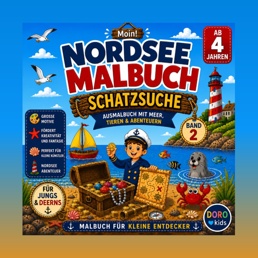 Moin! Nordsee Malbuch für Kinder ab 4 Jahren: Schatzsuche - Band 2: Schatzsuche am Meer Ausmalbuch mit großen Motiven, süßen Tieren und Abenteuern (Doro Kids Nordsee Malbücher)