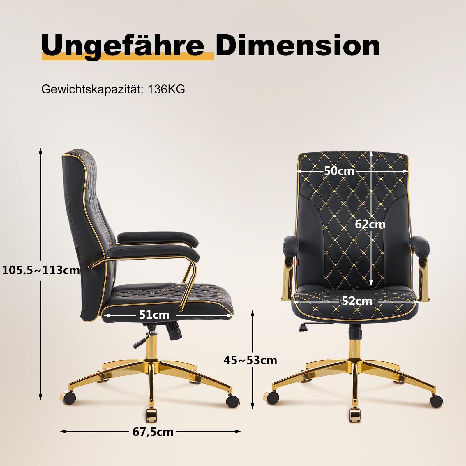 Bürostuhl Ergonomisch, PU Leder Chefsessel, Schreibtischstuhl Computerstuhl Drehstuhl mit Hoher Rückenlehne, Gepolsterter Armlehnen und Höhenverstellbar, Neigefunktion, Schwarz