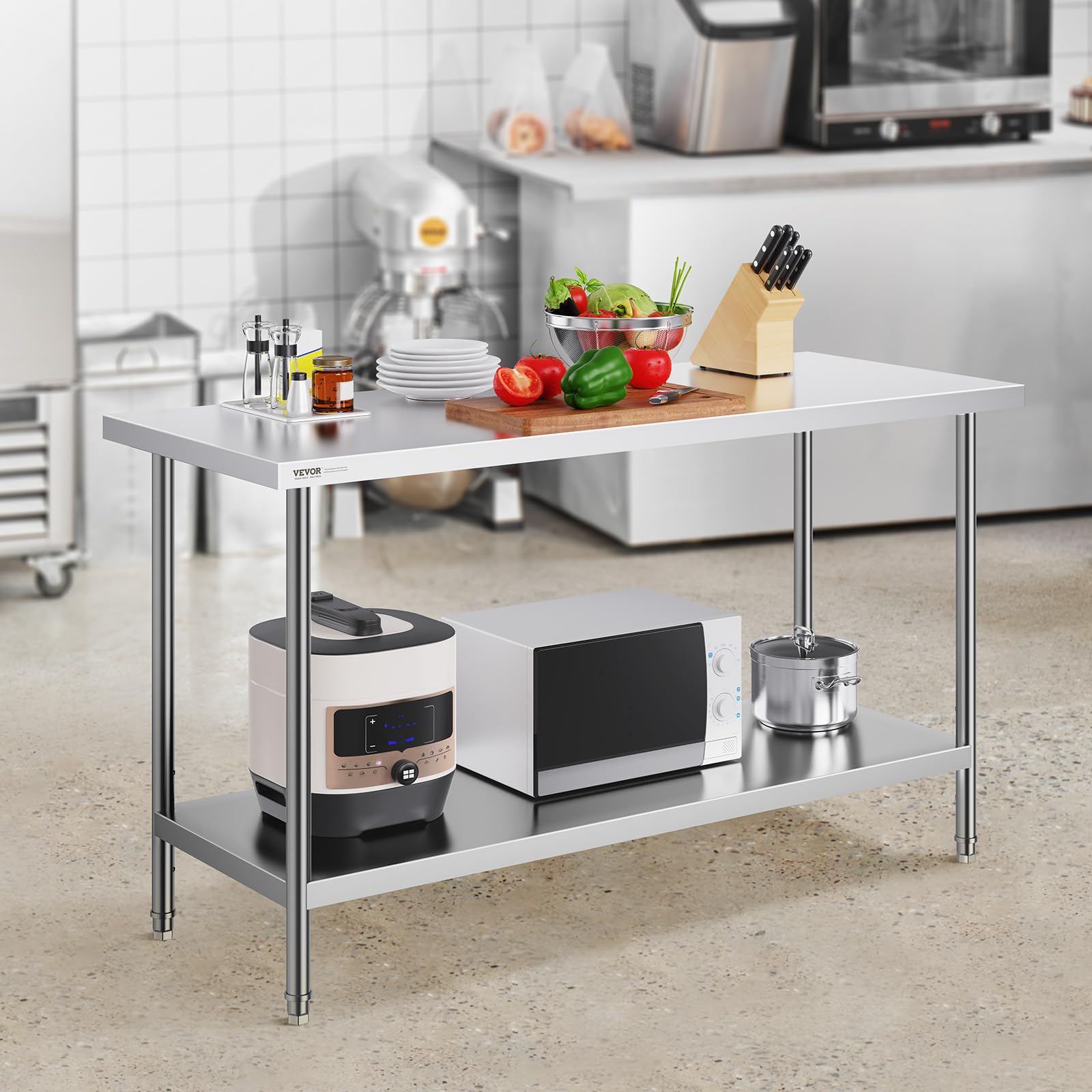 VEVOR Edelstahl Arbeitstisch Küche, Edelstahltisch mit 4 Universalrädern Rollen, Küchetisch für küchenvorbereitungsarbeit, 61 x 152 x 86 cm