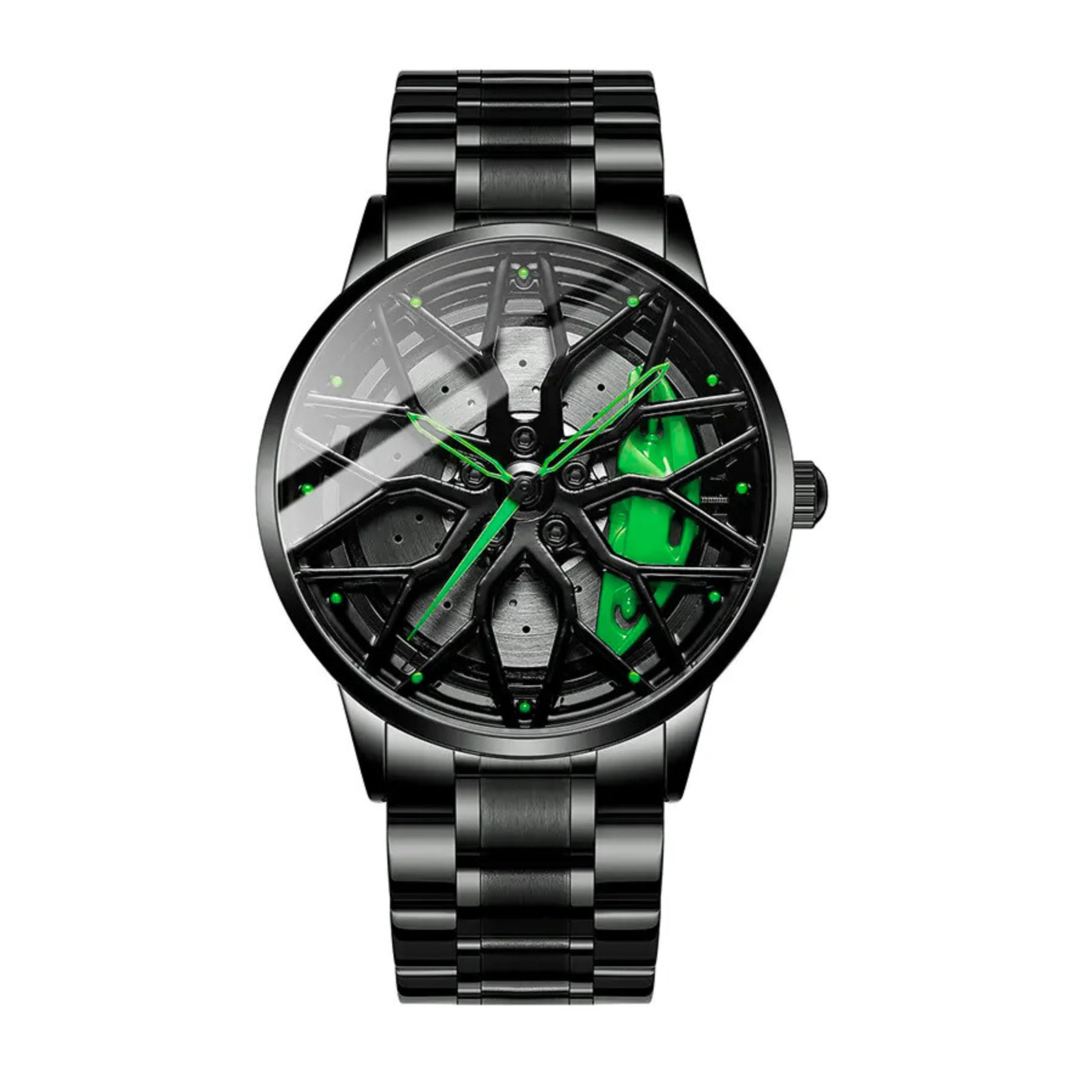 GOLDENIZE FASHION Branded Men's Sport Quartz Watch Car Wheel Multicolour Dial Wheel Dial 360 Rotating Casual Fashion Stainless Steel Alloy Mens &Boy's Luxury Metal Gift Creative Watch (Green)