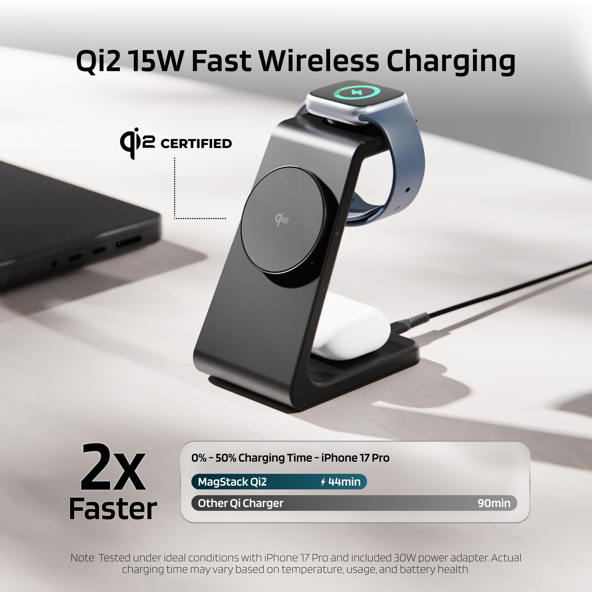 Estación de carga inalámbrica 3 en 1, cargador inalámbrico Qi2 compatible con MagSafe, para Apple iPhone 17/16/15/14/13/12, Apple Watch, AirPods Pro y más (adaptador de corriente delgado de 30
