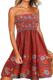Tube Top Dress Boho Floral Summer Beach Csual Sun Dresses Strapless Dress for Women Red S - Buy now