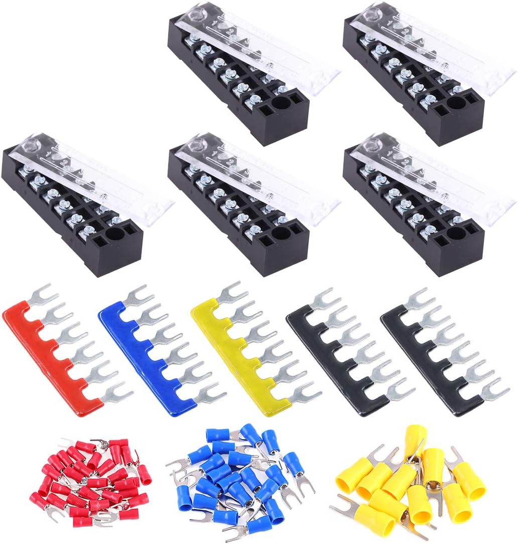 Glarks 70Pcs(5Sets) Terminal Block Set, 5Pcs 6 Positions 600V 15A Dual Row Screw Terminals Strip + 5Pcs Pre-Insulated Barrier Strips + 60Pcs Insulated Fork Wire Connector (6P+Fork Connector)