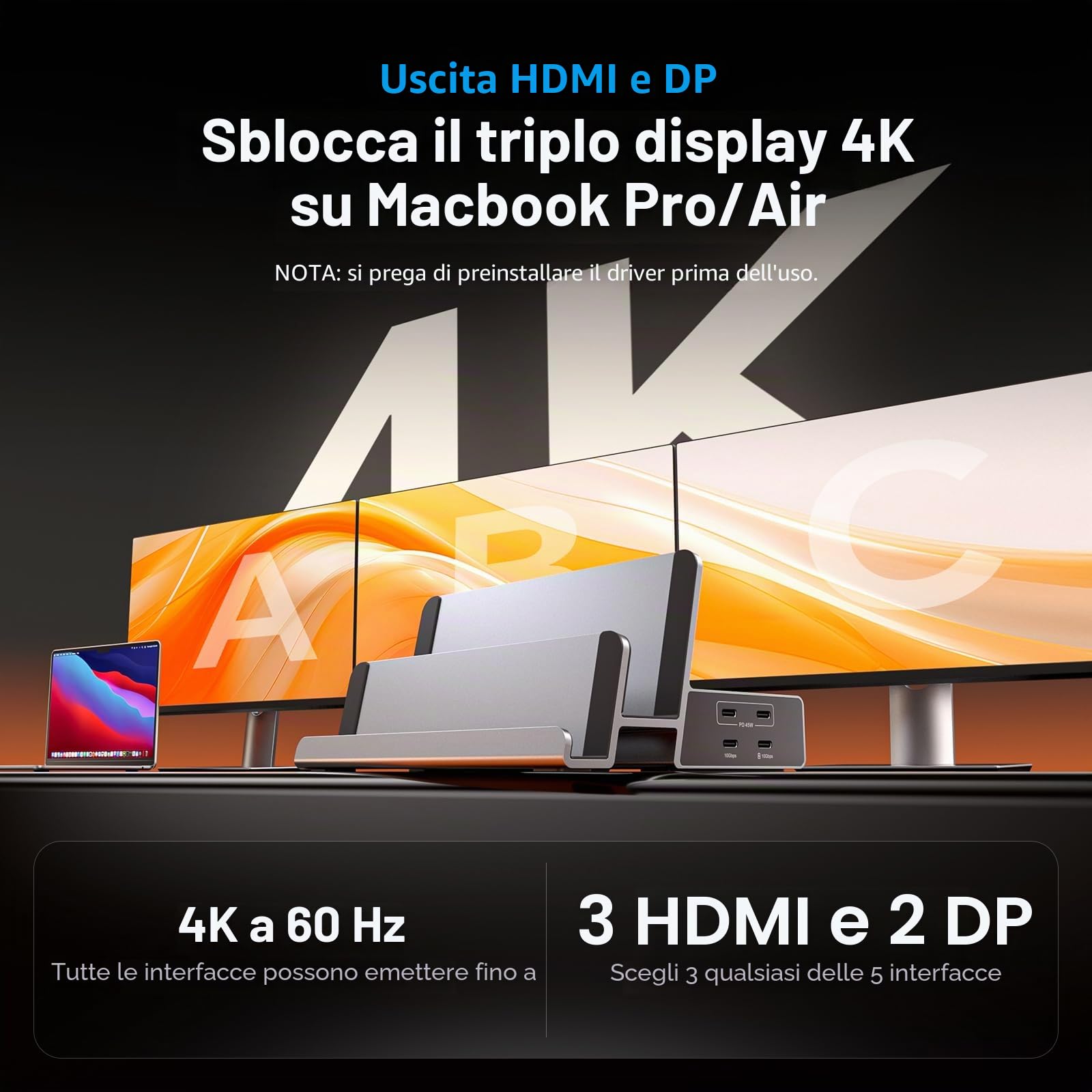 19-in-1 Triple Display Docking Station with Dual Stand, 3*HDMI, 2DP | Laptop Docking Station 3 Monitors con PD 100W, 10Gbps USB-C/A, Ethernet, per MacOS e Win (Driver Richiesto)
