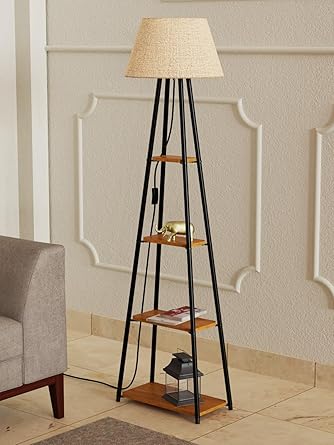 Hiftocraft Modern Floor Lamp with 4 Wooden Shelves, Iron Frame, LED Bulb Included - Stylish Standing Lamp for Living Room, Bedroom, Office & Home D?cor (Black) (Design 2)