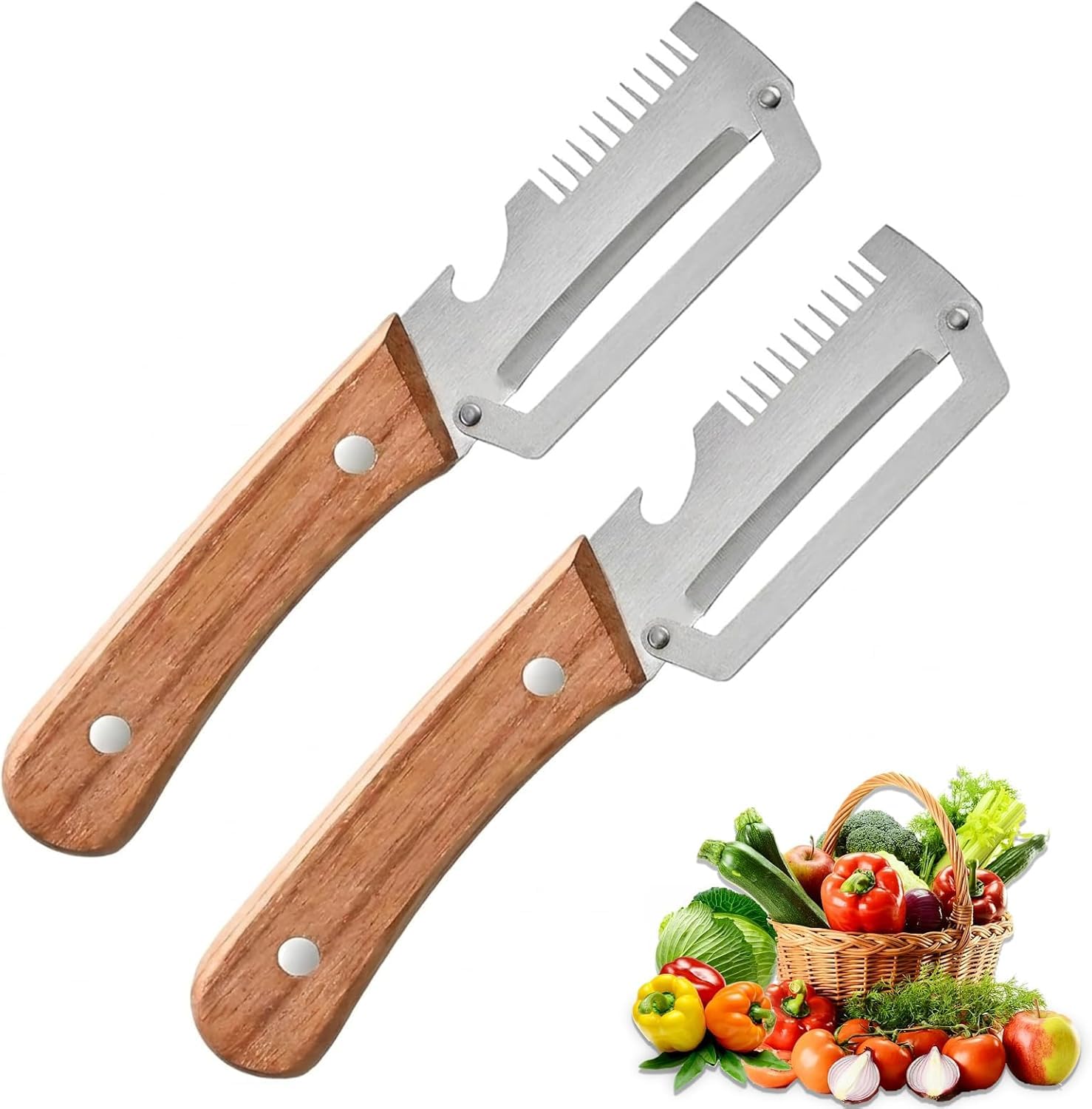 Photo 1 of 2-Pack Premium Multi-Functional Vegetable Peeler with Wooden Handle & Built-in Bottle Opener, Julienne Peeler for Potato, Carrot, Fruit, Pumpkin and Vegetables