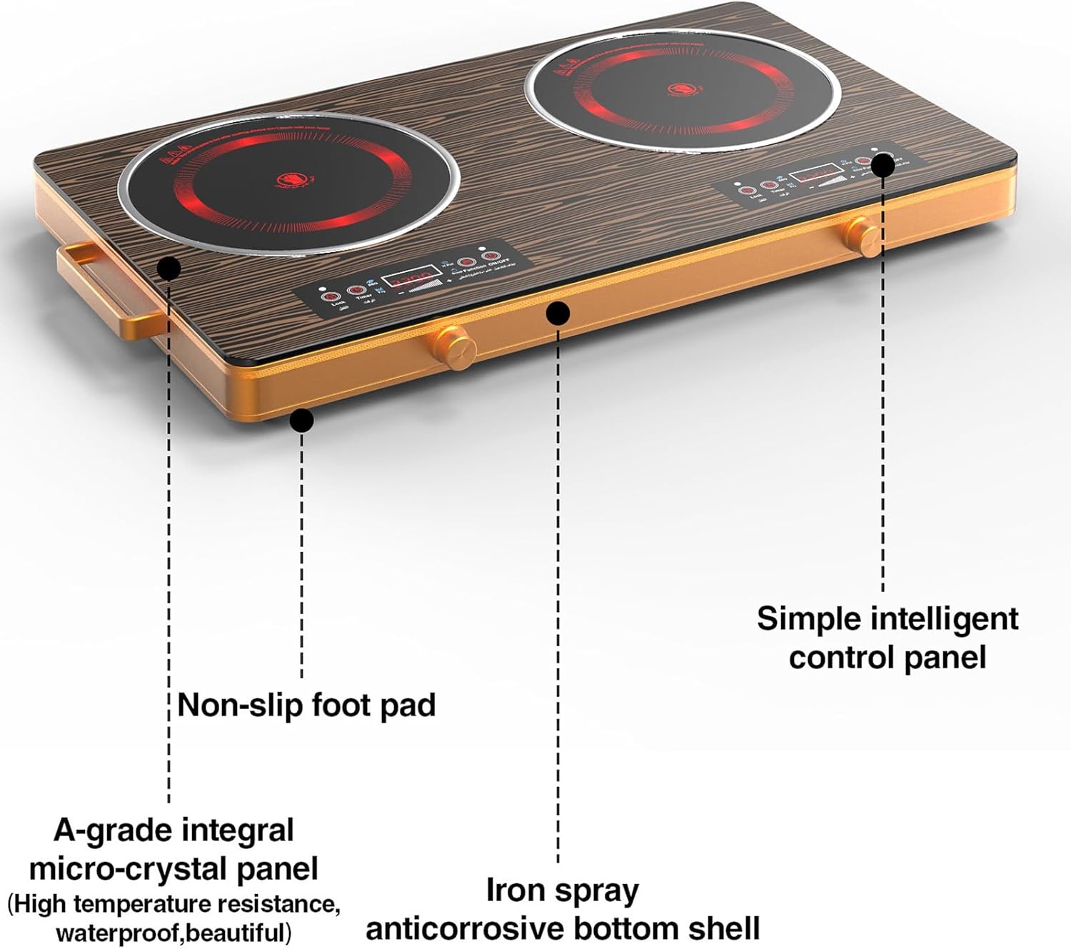 Electric stove with 2 burners, portable stove plug, multiple heating levels, timer and child safety lock, dual induction stove,A