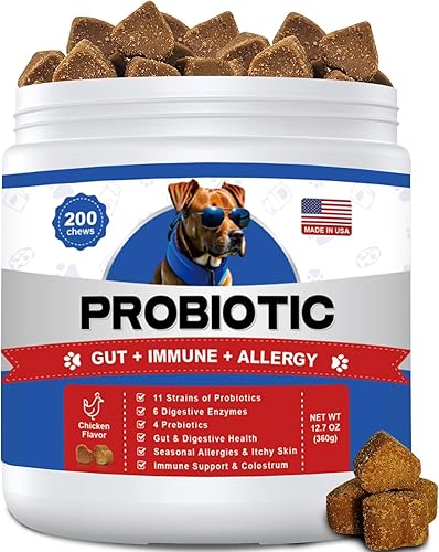 Probióticos para perros, 200 masticables  Probióticos para perros con 6 enzimas digestivas, 4 prebióticos, 11 mil millones de UFC, calostro  para la
