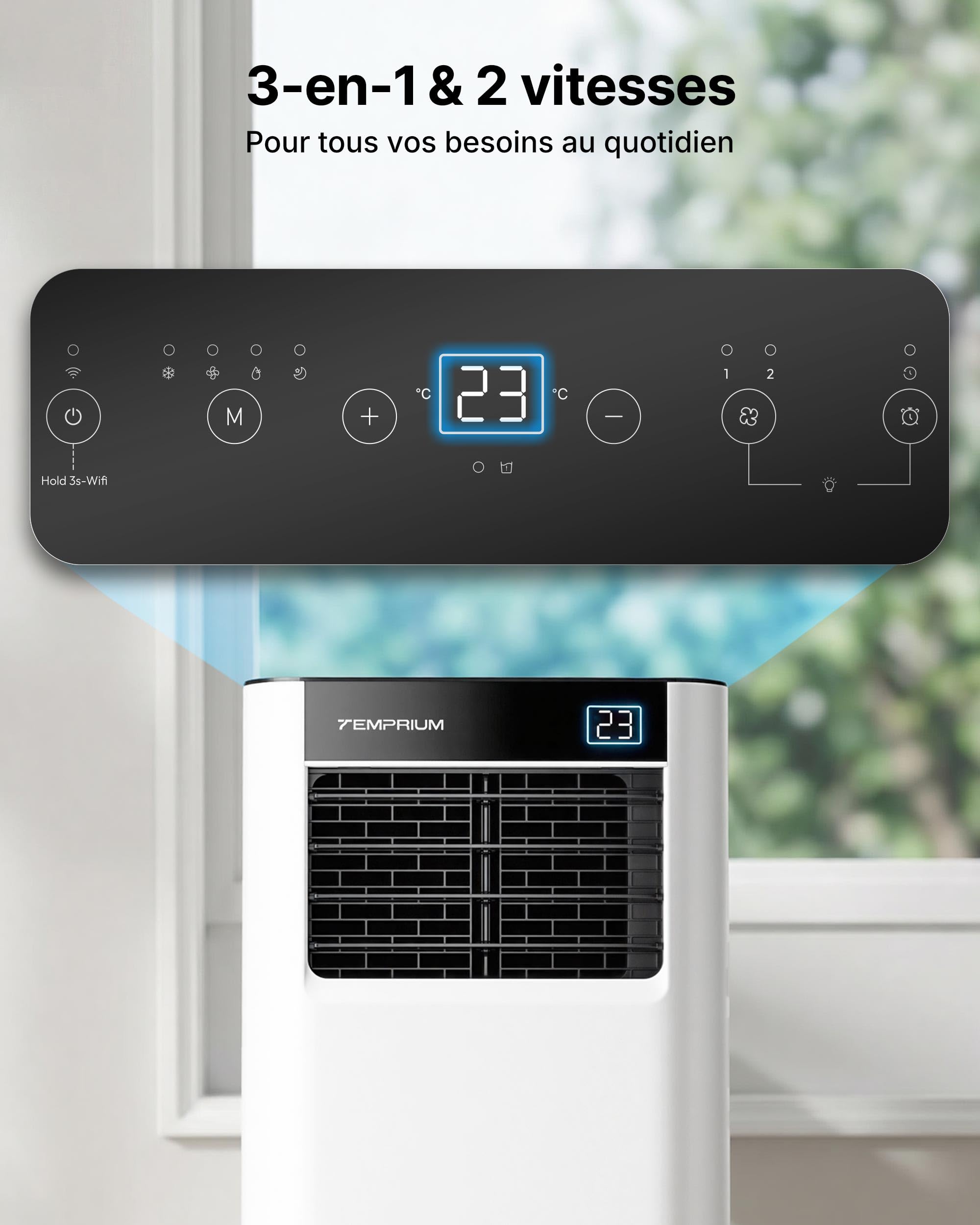 Climatiseur Mobile 7000 BTU, 3-en-1 Écoénergétique Climatiseur Portable, Kit Fenêtre Inclus, Contrôle Via Application/Télécommande, Silencieux <48 dB, Minuterie 24 H, Idéal Pour Pièces Jusqu’à 20 m²