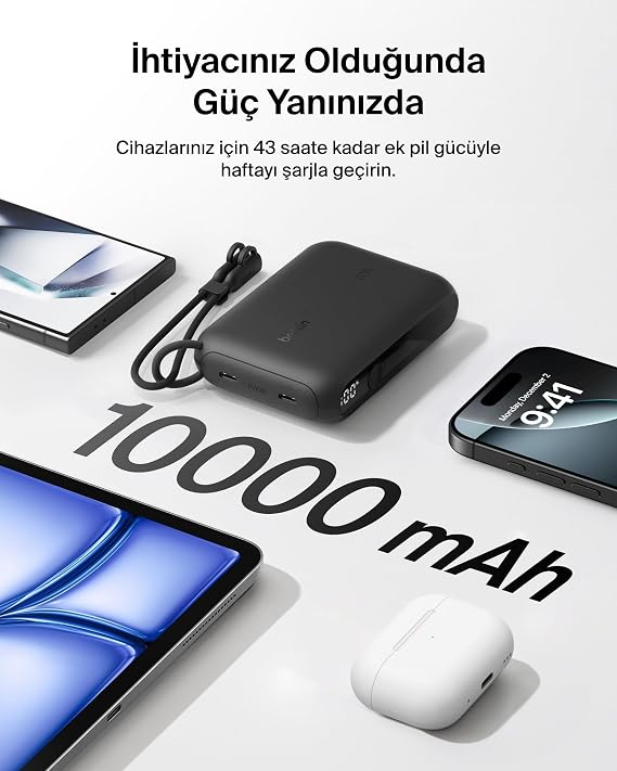 Belkin Taşınabilir Şarj Cihazı, 10.000 mAh USB-C İnce Güç Kaynağı, 2 USB-C Port, Dijital Pil Göstergesi, 20 W Hızlı Şarj, iPhone 17, 16 Serisi, Samsung Galaxy S25, S24, Pixel 9, iPad ve Fazlası, Siyah
