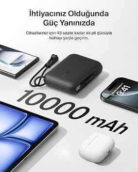 Belkin Taşınabilir Şarj Cihazı, 10.000 mAh USB-C İnce Güç Kaynağı, 2 USB-C Port, Dijital Pil Göstergesi, 20 W Hızlı Şarj, iPhone 17, 16 Serisi, Samsung Galaxy S25, S24, Pixel 9, iPad ve Fazlası, Siyah