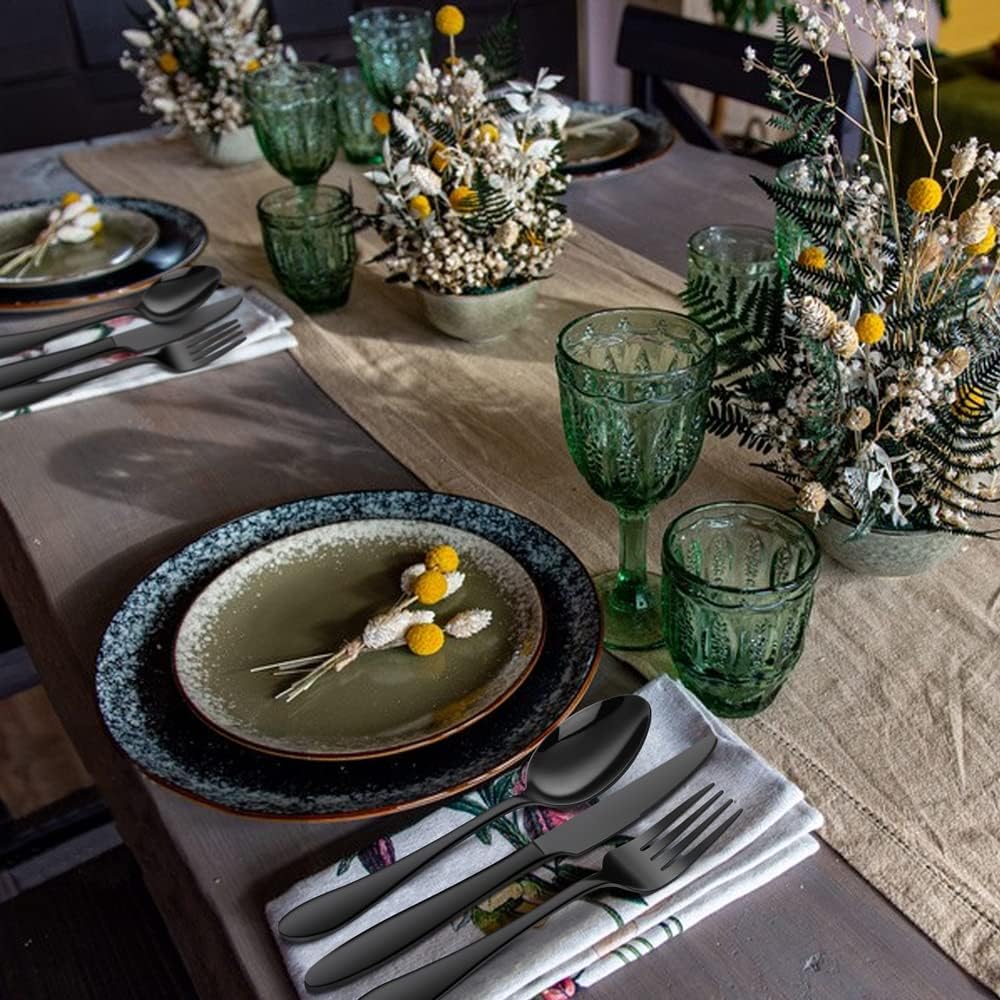 Walchoice 20 Piece Black Silverware Set, Stainless Steel Flatware for 4, Elegant Cutlery Set Includes Knives Forks Spoons, Mirror Polished & Dishwasher Safe