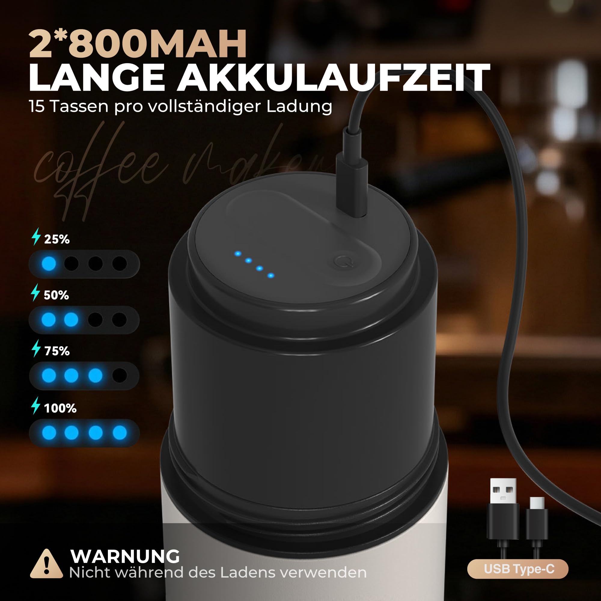 HAUSHOF Tragbares Kegelmahlwerk, Kabellose Elektrische Kaffeemühle | mit Integrierter Infusion, Doppelt Öffnendem Deckel, Edelstahlfilter und Thermobecher für Reisen und Camping, Weiß